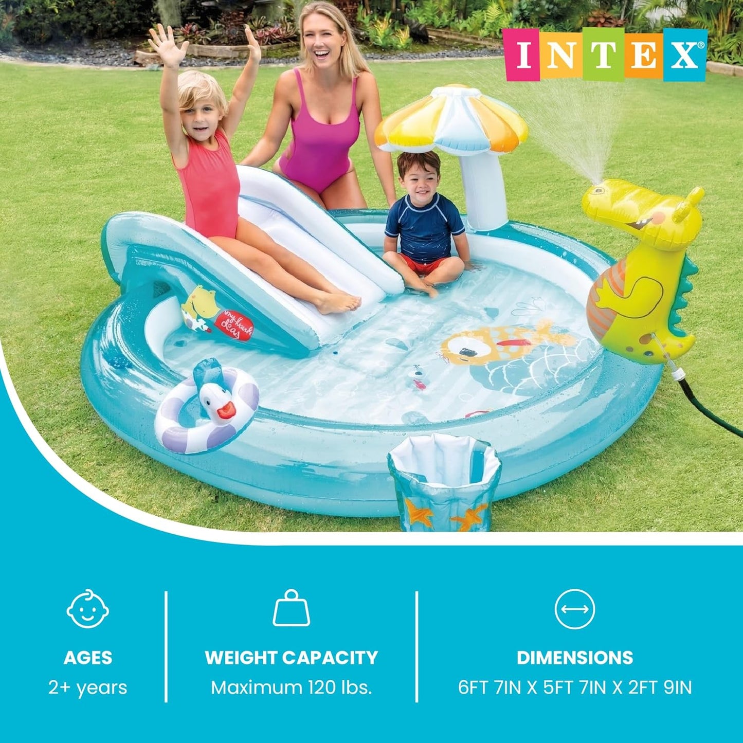 Hot INTEX Gator Inflatable Kiddie Pool: Inflatable Kids Pool with Water Sprayer and Slide – Splash Pad – 79" x 67" x 33" – Ages 3+