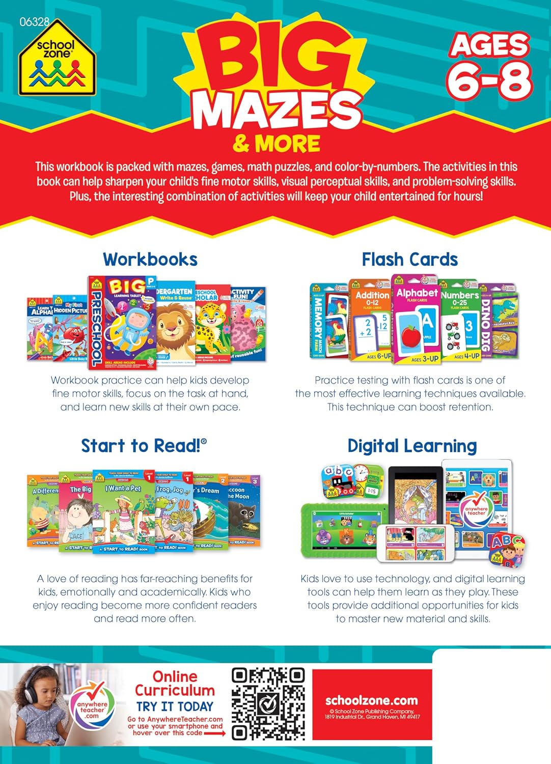 Hot School Zone Big Mazes & More Workbook: 320 Pages, 1st Grade, 2nd Grade, Learning Activities, Math, Maze Puzzles, Games, Color By Numbers, Ages 6 to 8