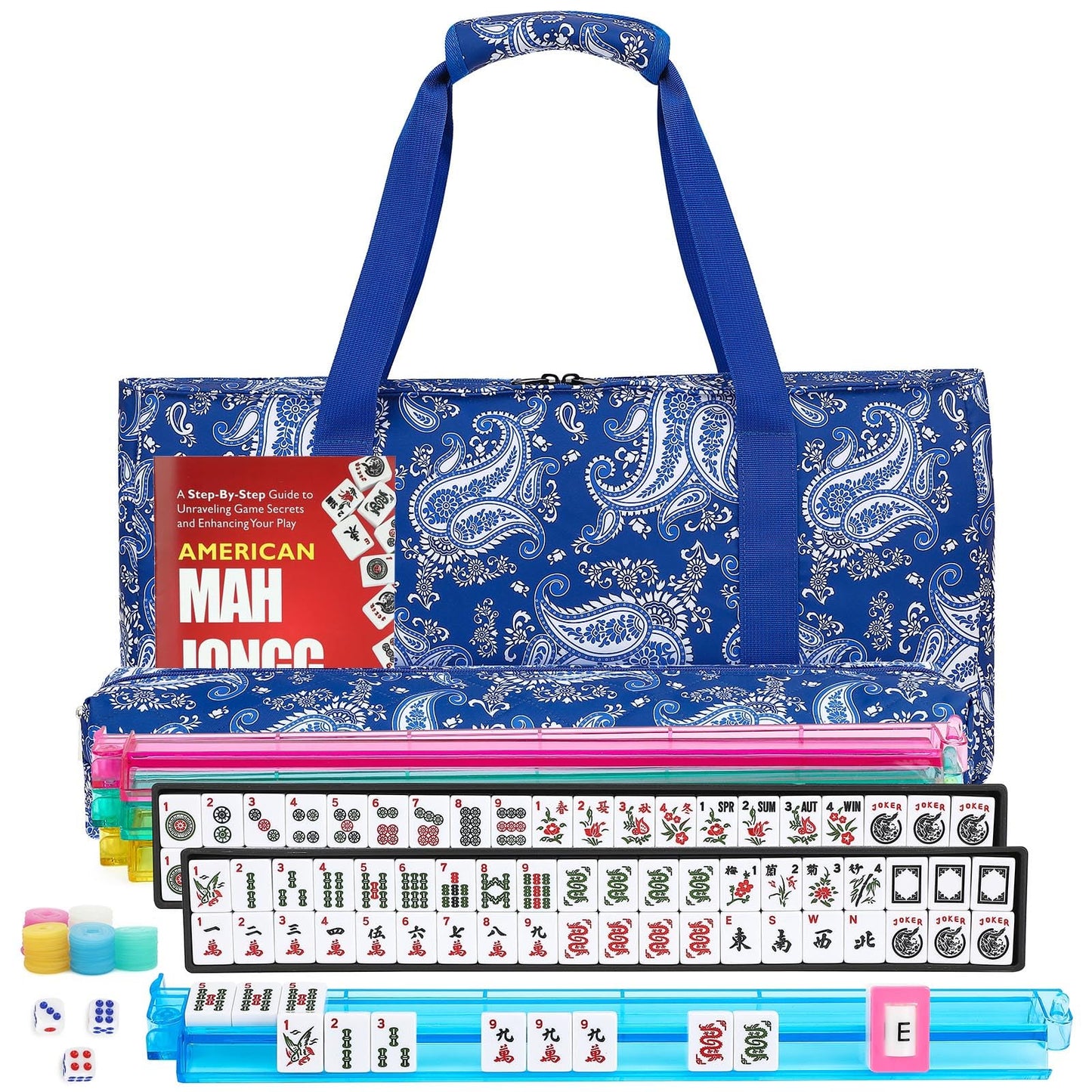 Hot American Mahjong Tile Set,166 White Tiles Mahjong Set,4 Colors Mahjong Racks,Travel Mahjong Set with Blue Carrying Bag