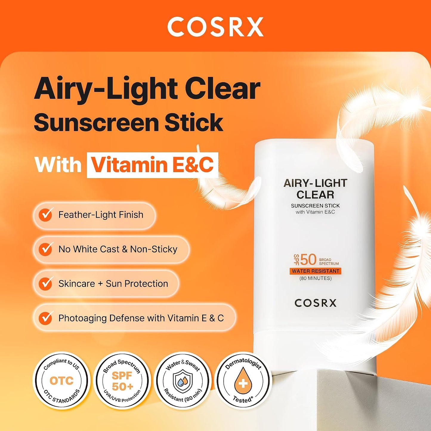 HotCOSRX Airy-Light Clear Sunscreen Stick with Vitamin E&C SPF 50, 0.67 oz, 19g, Korean Suncreen Stick Suncare Sunblock, Lightweight, No White Cast, Water resistant, Oil Control Matte Sunscreen for Face