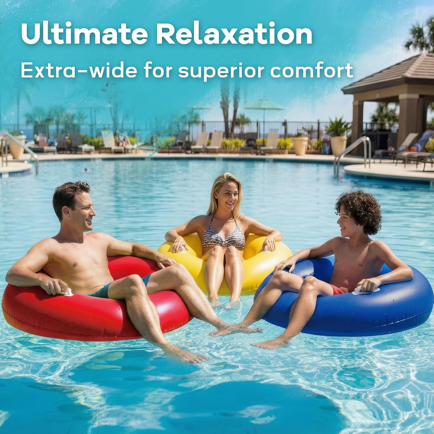Hot Funscape Large Inflatable Pool Float Rings for Adults Kid, 3 Pack 44" Swim Floaties Tube W/Handles, Summer Tanning Water Floating Lounge, Outdoor Beach Lake River Swimming Toy Pool Party Family Blue