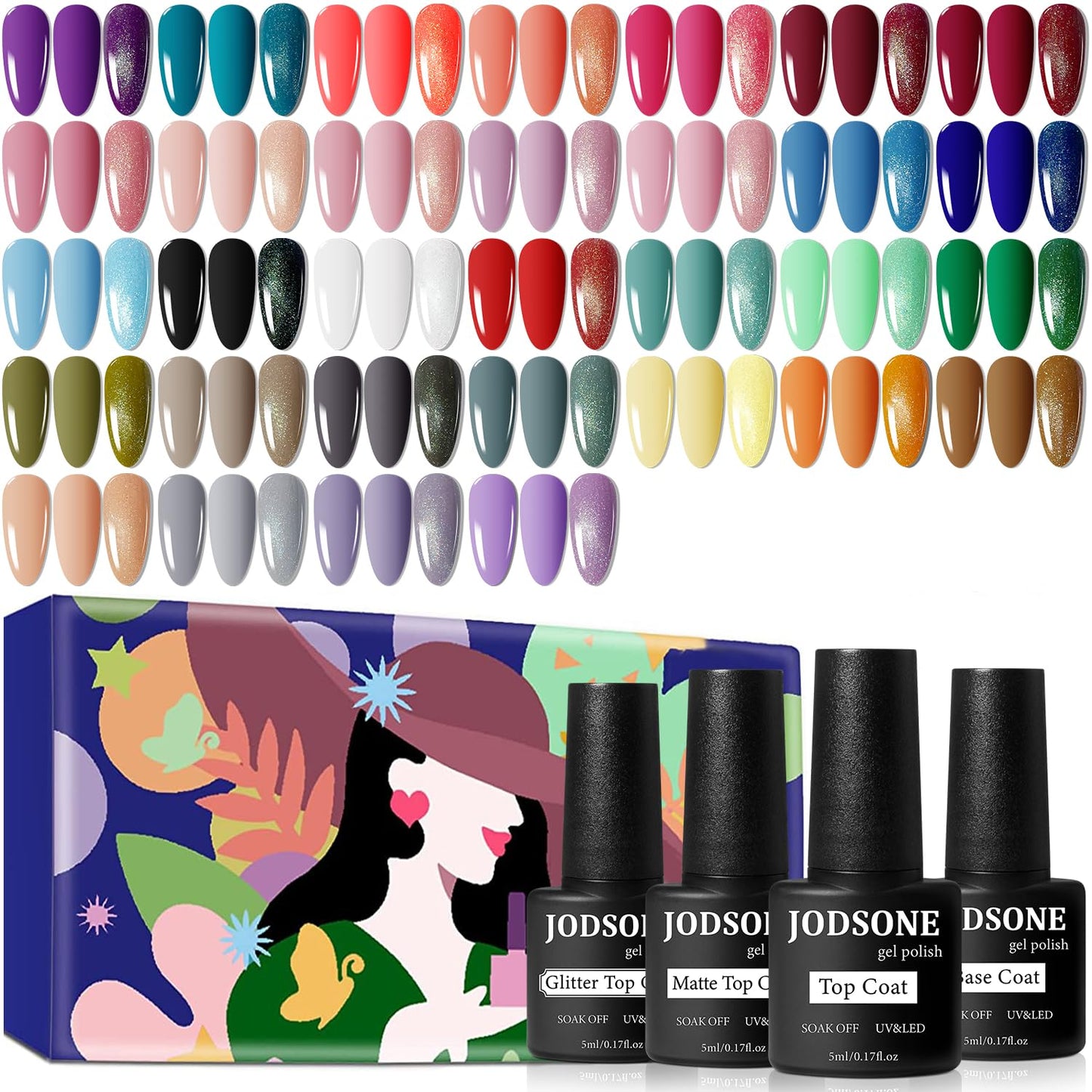 HotJODSONE 36 PCS Gel Nail Polish Set-32 Colors Gel Polish Kit Base Coat Glossy Matte and Glitter Top Coat Nail Polish Set Green Blue Red Pink Collection Gifts for Women