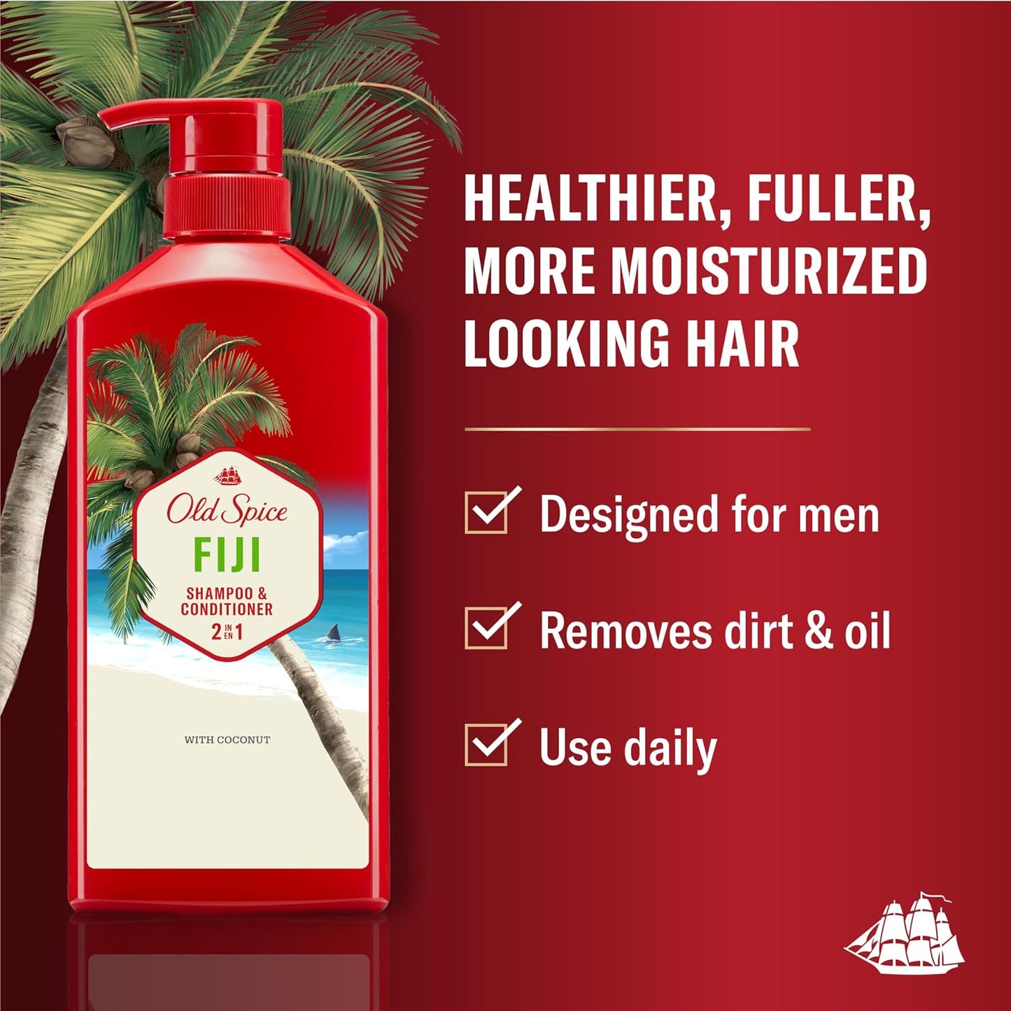 HotOld Spice Mens 2-in-1 Shampoo and Conditioner Set, Fiji, Coconut & Tropical Wood Scent, For All Hair Types, Healthier, Fuller, Moisturized Looking Hair, 21.9 fl oz Each, Twin Pack