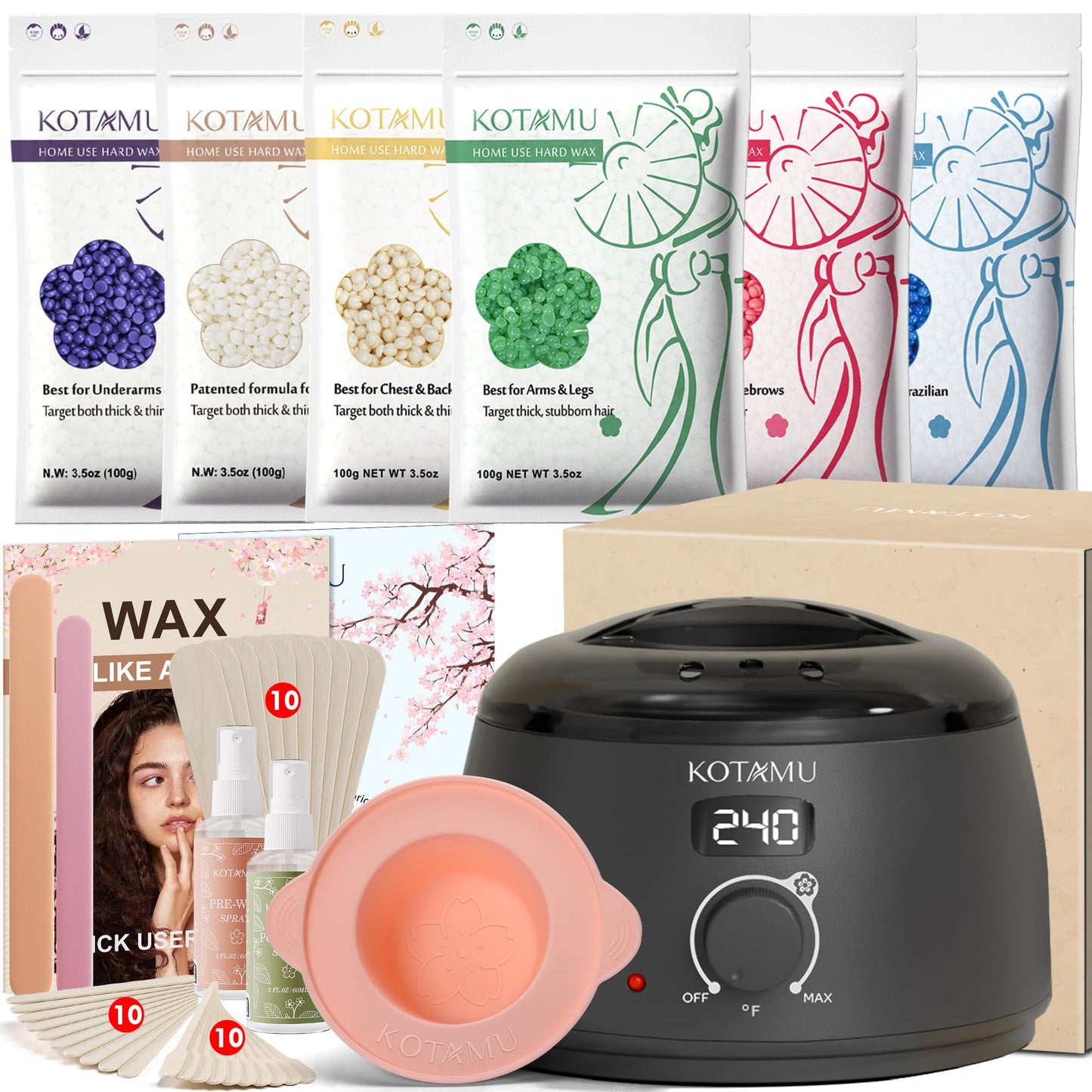 HotKOTAMU Waxing Kit for Women & Men, Pink Digital Wax Pot Warmer Hair Removal | Home Hard Wax Kit, Wax Machine, Face, Eyebrow, Bikini, Brazilian, Body, Sensitive Skin, 25 Accessories, Beginner-Friendly