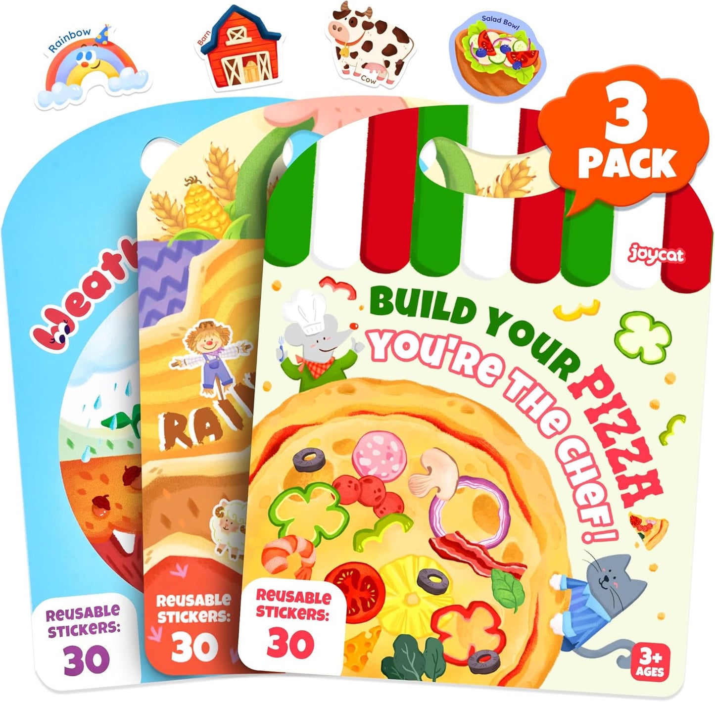 HotJoyCat Reusable Sticker Book Set (3-Pack): Farm, Pizza-Making, Weather - 90 Pcs Stickers for Toddlers, Kids Sticker Activity Book, Road Trip Travel Toys, Birthday Gifts for Boys and Girls