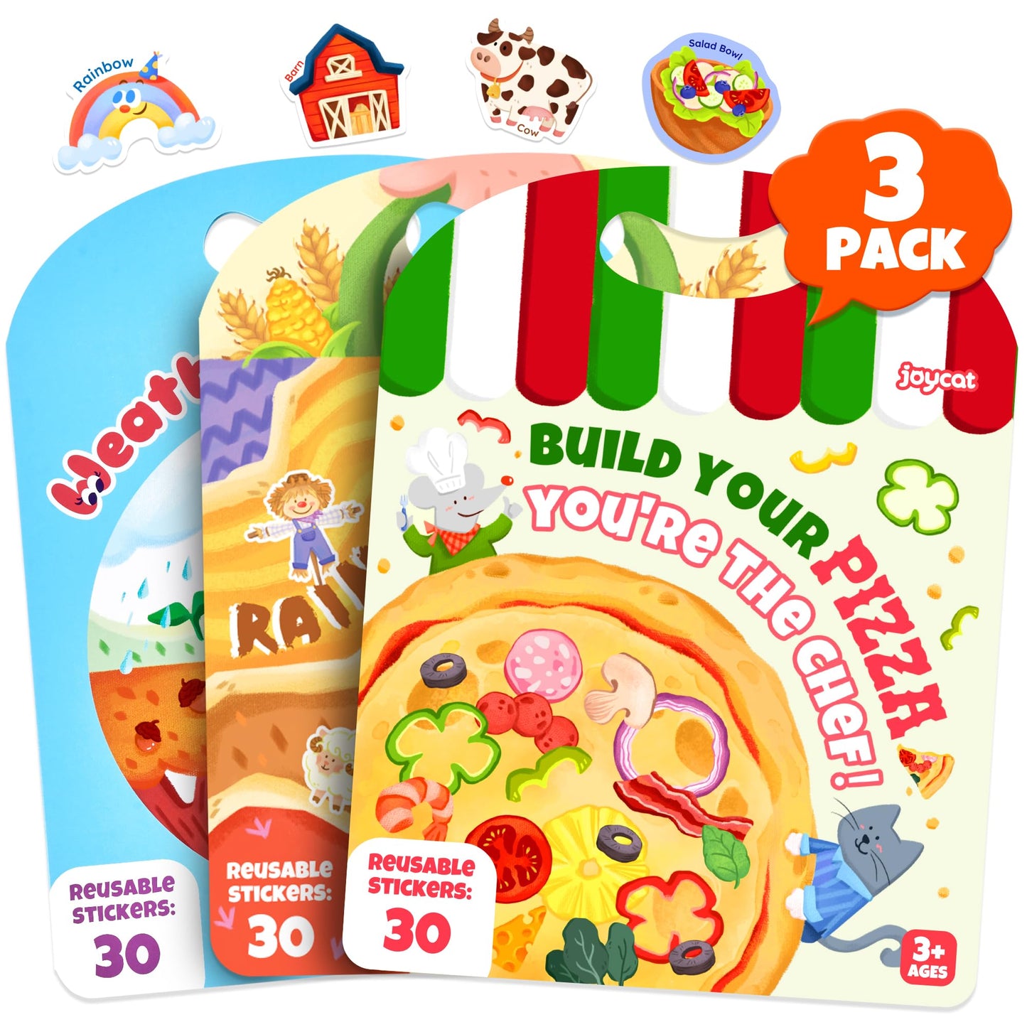 HotJoyCat Reusable Sticker Book Set (3-Pack): Farm, Pizza-Making, Weather - 90 Pcs Stickers for Toddlers, Kids Sticker Activity Book, Road Trip Travel Toys, Birthday Gifts for Boys and Girls