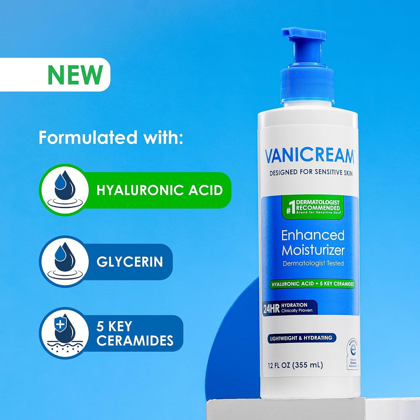 HotVanicream Enhanced Moisturizer, 12 Fl Oz, Daily Body Lotion for Dry, Sensitive Skin, Clinically Tested 24Hr Hydration with Hyaluronic Acid, Glycerin & Ceramides, Formulated without Common Irritants