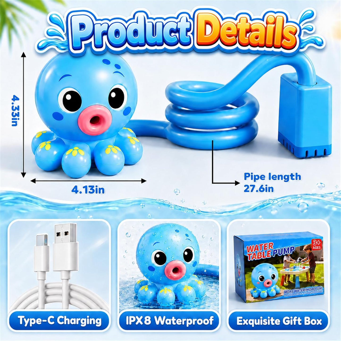 Hot Upgraded Octopus Water Table Pump with Huge Water Output, 3H Non-Stop Fun for Step 2, Rechargeable Water Pump for Water Table, Water Table Accessories for Kids, Toddlers Summer Water Toys (Pump Only）