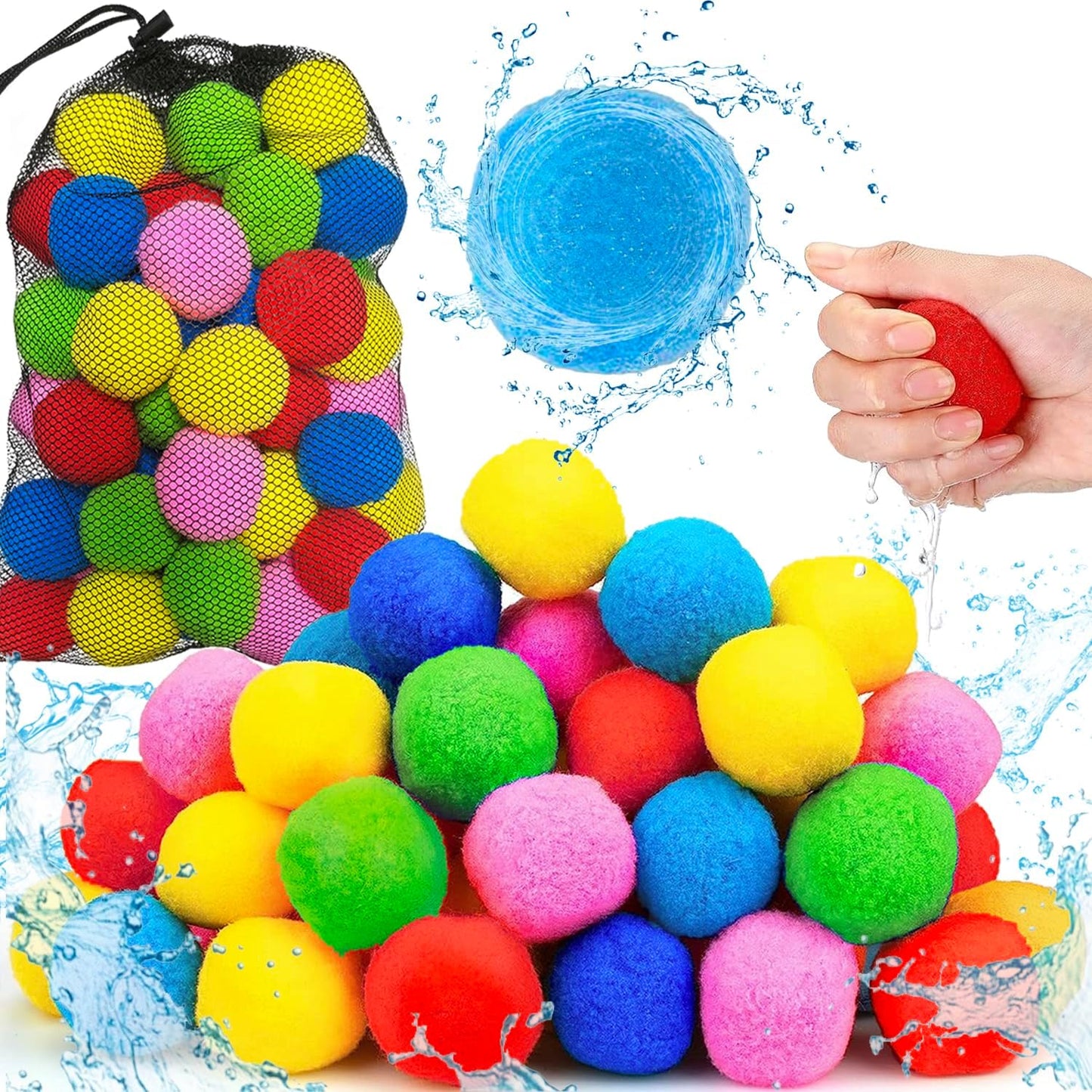 Hot 60pcs Reusable Water Balloons Quick Fill Sponge Balls Beach Pool Toys for Kids Ages 3-5-7 4-8-12 Year old Boys Teens Adults, Easter Summer Outdoor Yard Water Fight Party Games to Play w/Friends Family