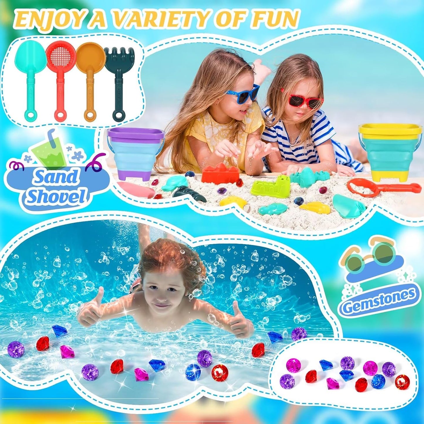 HotBeach Sand Toys for Kids,Sand toys with 2 Collapsible Beach Bucket,2 Beach Sifter Shovel,Sand Shovel Set,Sand Castle Kit,Sea Animal Molds,Diving Gem Pool Toy,Mesh Bag Travel Toys for Toddler 3-10