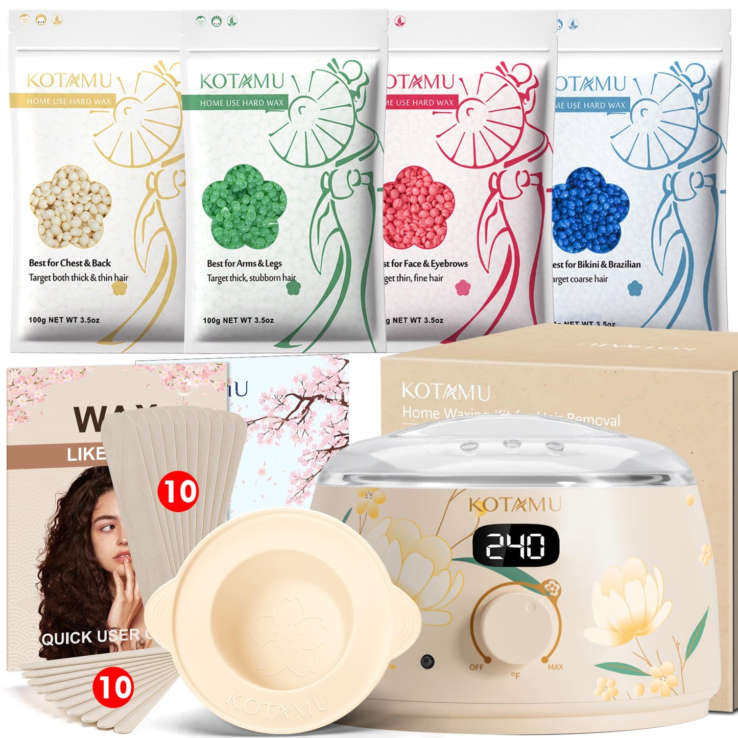 HotKOTAMU Waxing Kit for Women & Men, Pink Digital Wax Pot Warmer Hair Removal | Home Hard Wax Kit, Wax Machine, Face, Eyebrow, Bikini, Brazilian, Body, Sensitive Skin, 25 Accessories, Beginner-Friendly