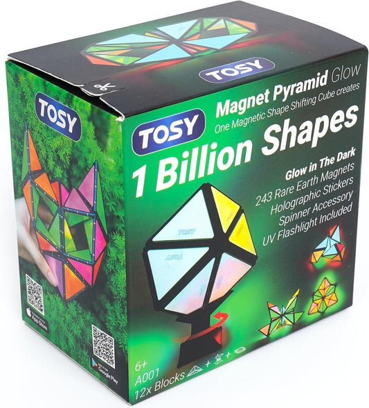 HotTOSY Magnet Pyramid Glow - 1 Cube Transforms into 1 Billion Shapes, 12 Pieces, 243 Rare Earth Magnets, Glowing, Holographic Design Magnet Tiles Creative Puzzle STEM/STEAM Toy