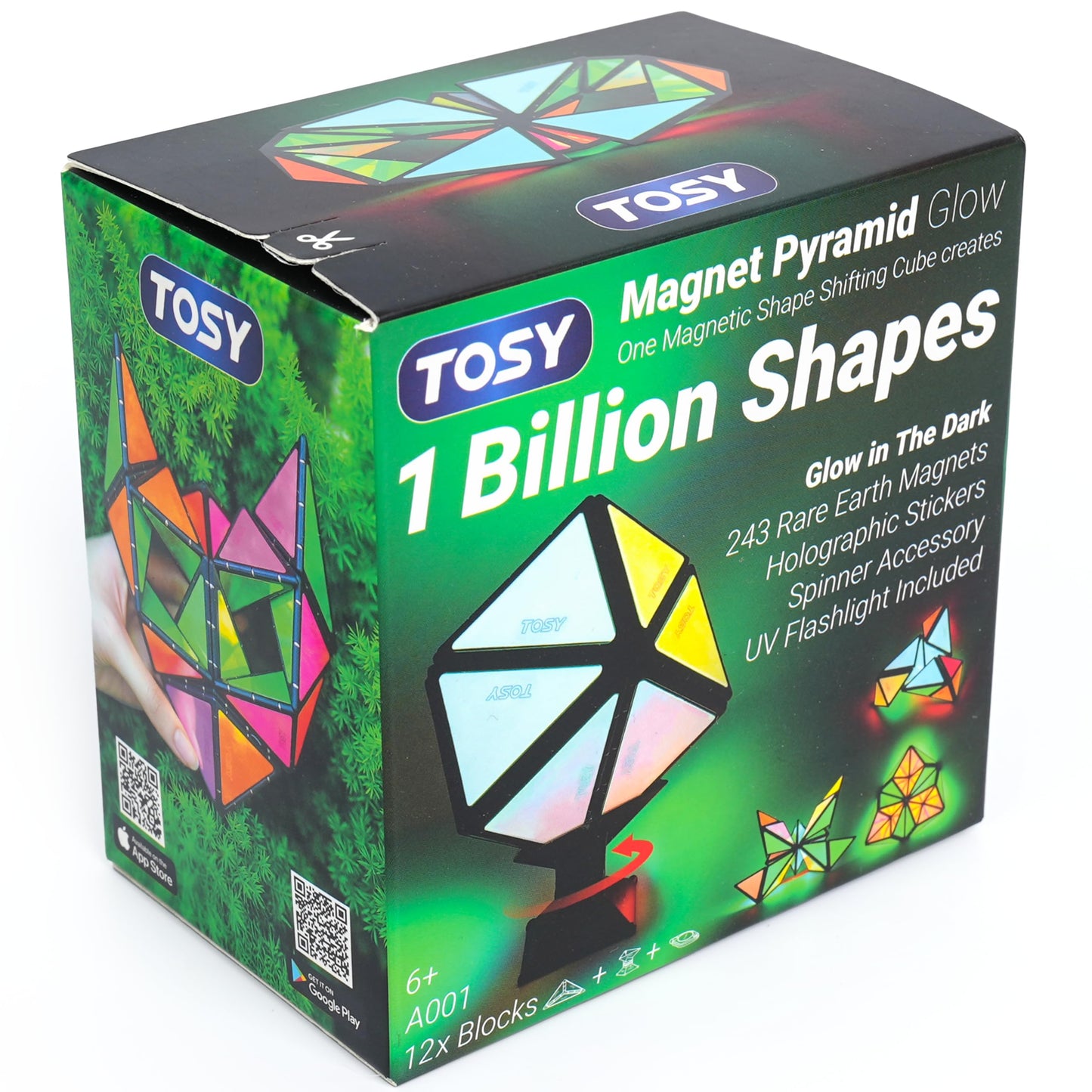 HotTOSY Magnet Pyramid Glow - 1 Cube Transforms into 1 Billion Shapes, 12 Pieces, 243 Rare Earth Magnets, Glowing, Holographic Design Magnet Tiles Creative Puzzle STEM/STEAM Toy