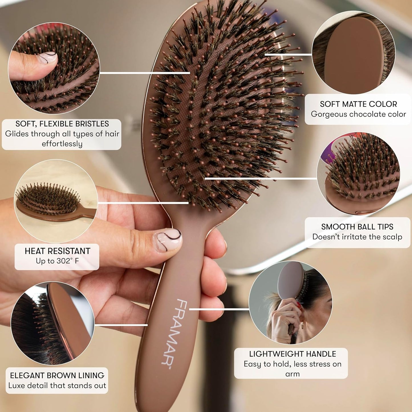 HotFRAMAR Soft Boar Bristle Hair Brush For Women – Boars Hair Brush For Women, Boar Brush For Fine Hair, Hairbrush For Fine Hair, Soft Bristle Brush For Slick Back, Volume and Shine - Chocolate