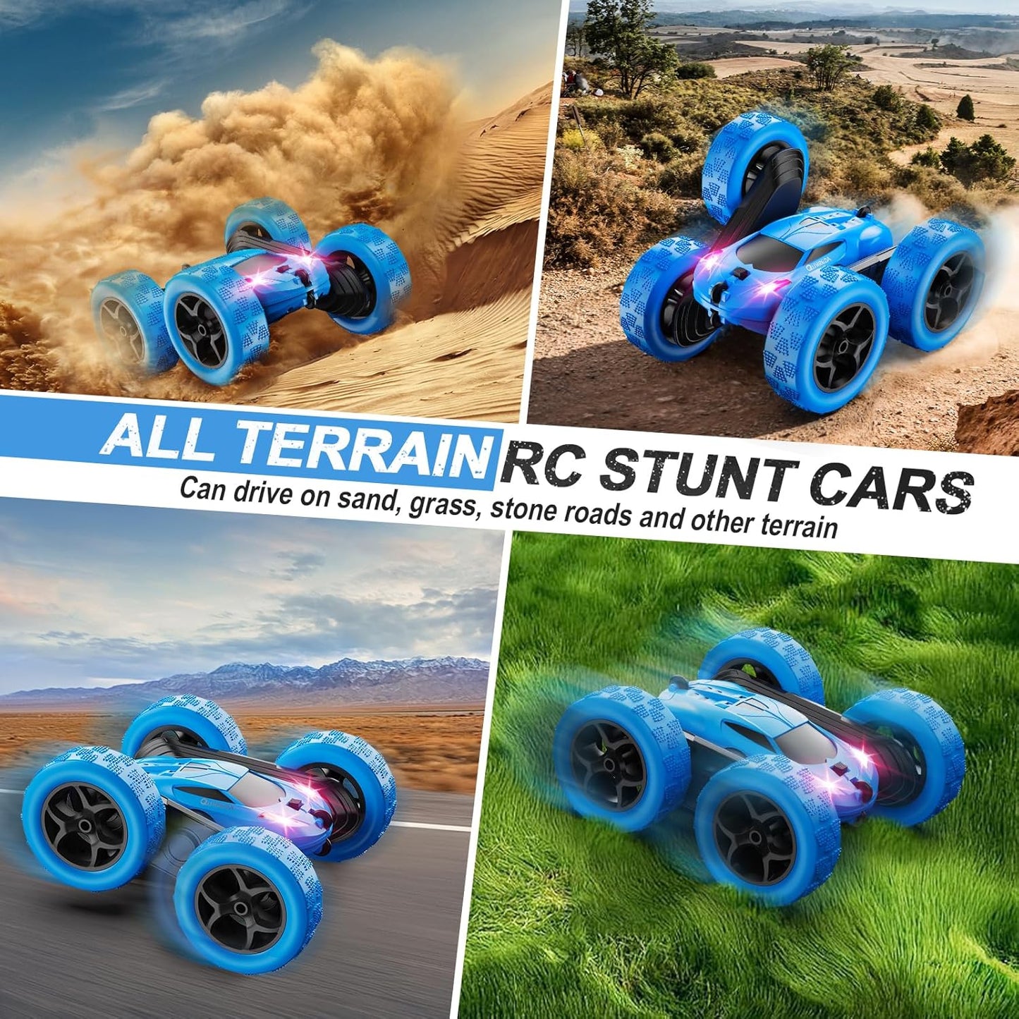 HotQUNREDA Remote Control Car, RC Cars Toys for Kids Ages 6-12, 4WD Stunt Car with LED Lights & 360° Flips, 2.4GHz, Upgraded USB-C Modular Batteries, 8-10 Year Old Boys Birthday Gift 1-Blue