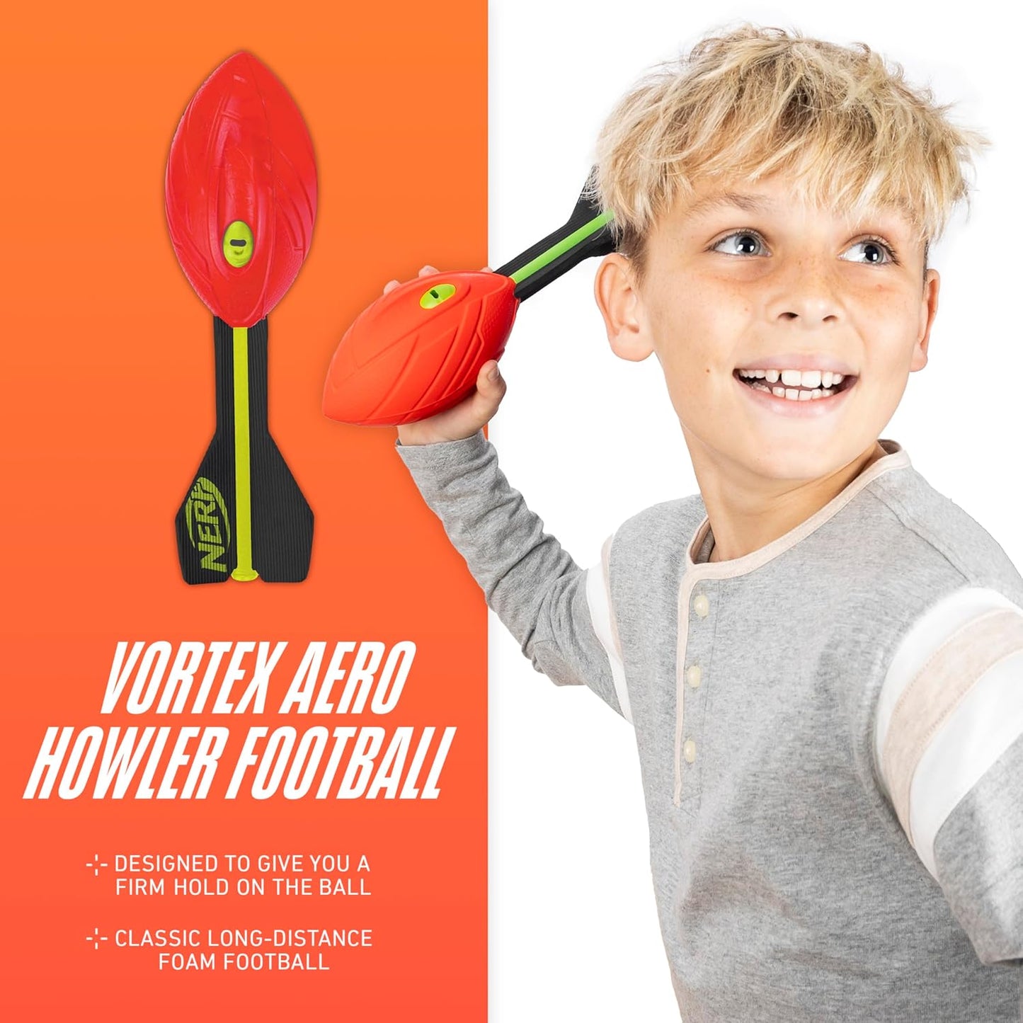 HotNerf Vortex Aero Howler Foam Ball, Classic Long-Distance Football, Flight-Optimizing Tail, Whistling Sound, Indoor & Outdoor Fun, Christmas Stocking Stuffers for Kids