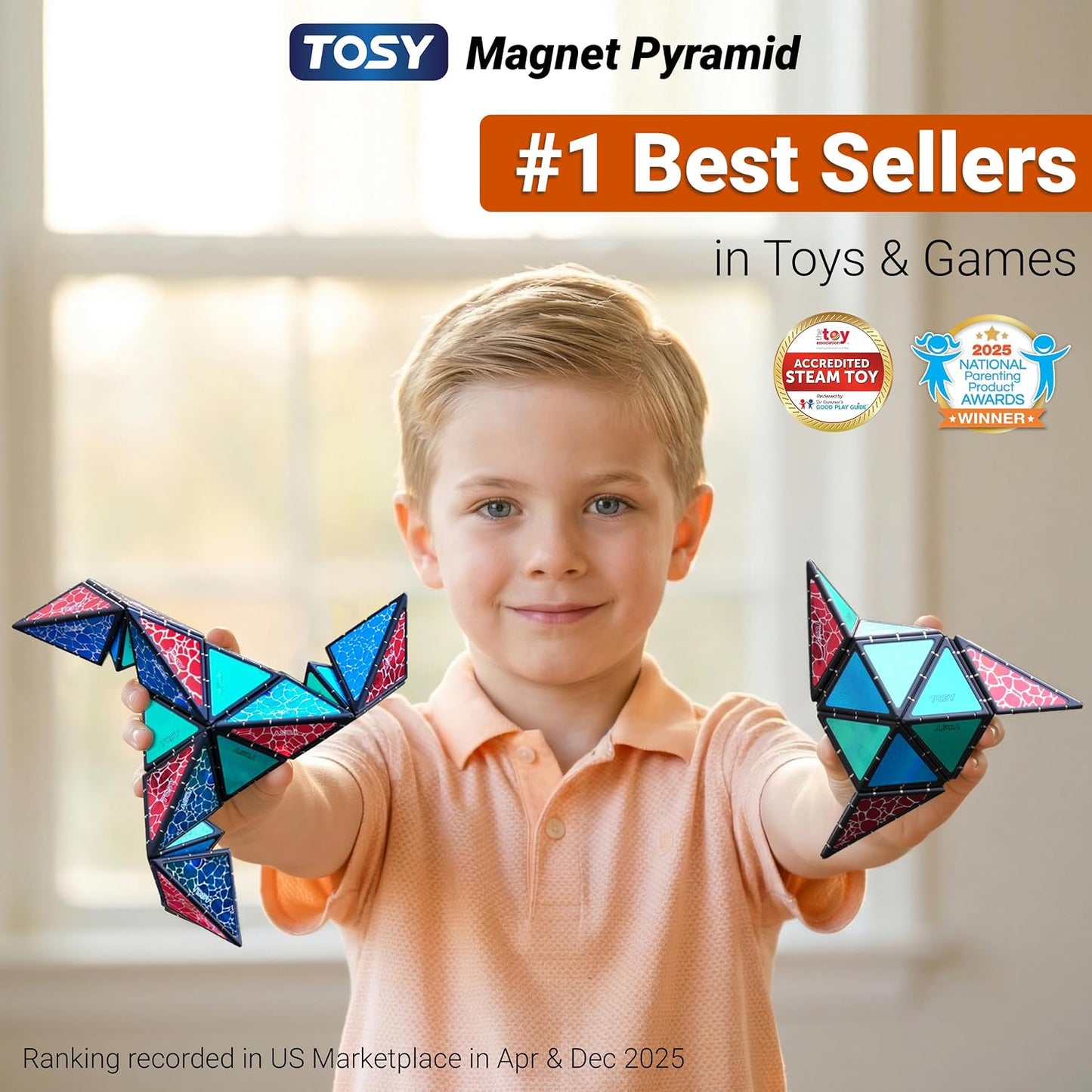 HotTOSY Magnet Pyramid Stone - 1 Cube Transforms into 1 Billion Shapes, 12 Pieces, 243 Rare Earth Magnets, Holographic Design Magnet Tiles Creative Puzzle STEM/STEAM Toy