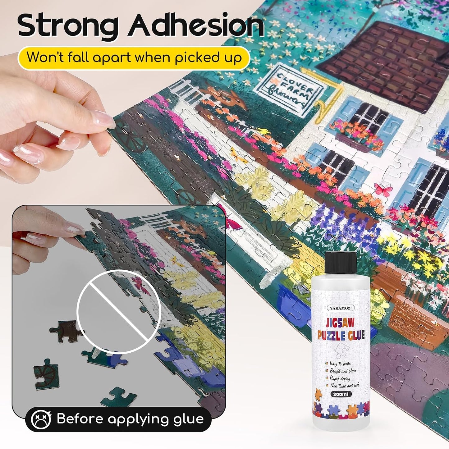 HotYAKAMOZ Clear Jigsaw Puzzle Glue with Precision Applicator – Non-Toxic, Quick Dry & Water-Soluble for Puzzles up to 5000 Pieces (200ML)