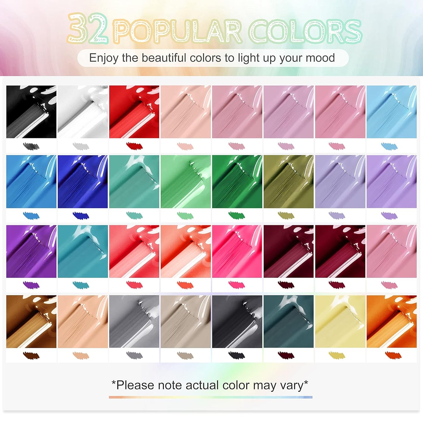 HotJODSONE 36 PCS Gel Nail Polish Set-32 Colors Gel Polish Kit Base Coat Glossy Matte and Glitter Top Coat Nail Polish Set Green Blue Red Pink Collection Gifts for Women