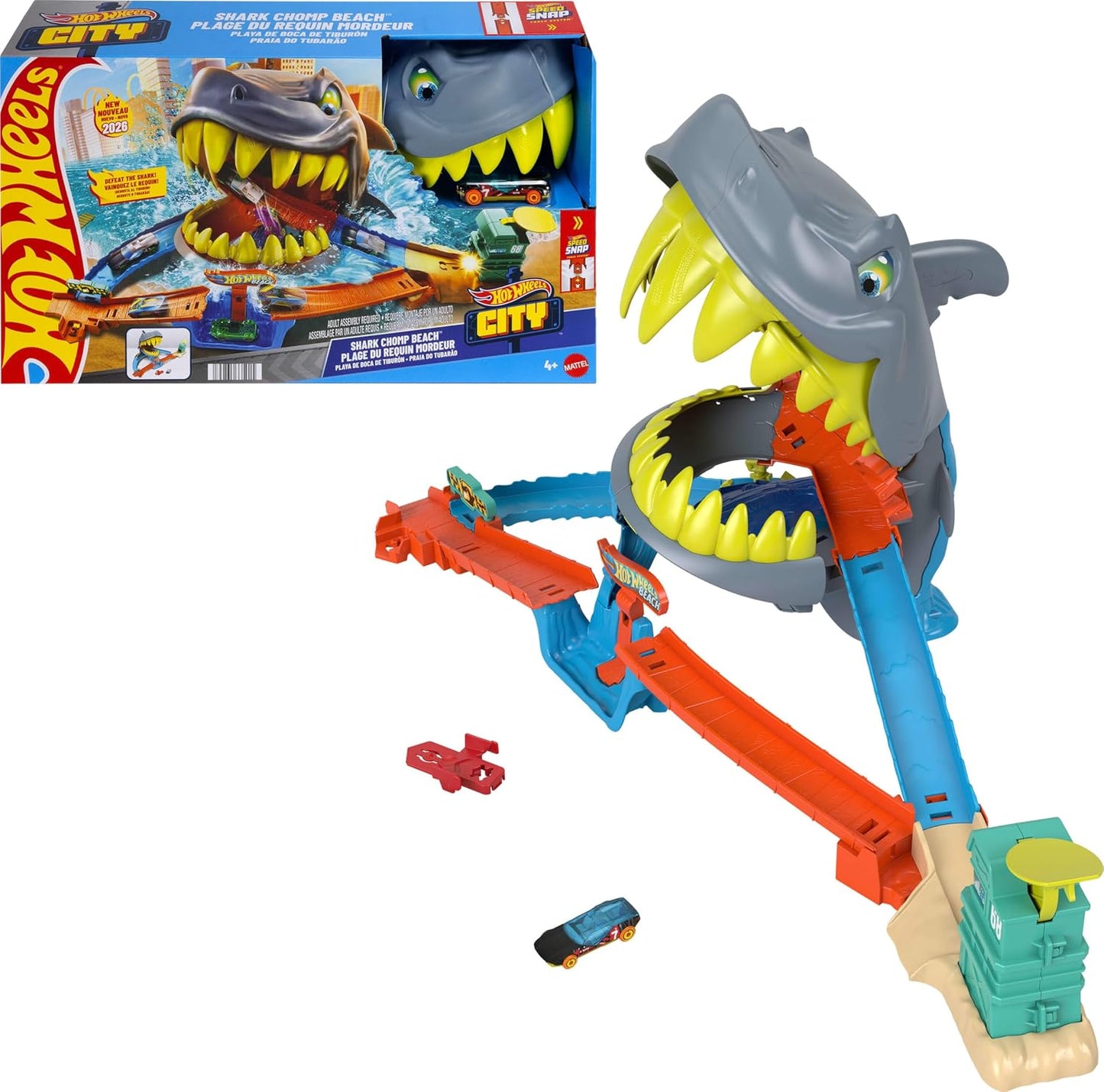 HotHot Wheels City Shark Chomp Beach Playset & 1:64 Scale Toy Car | 1:64 Scale Die-Cast Vehicle & Track Set, 2 Ways to Play, Knock Out the Shark or Get Eaten