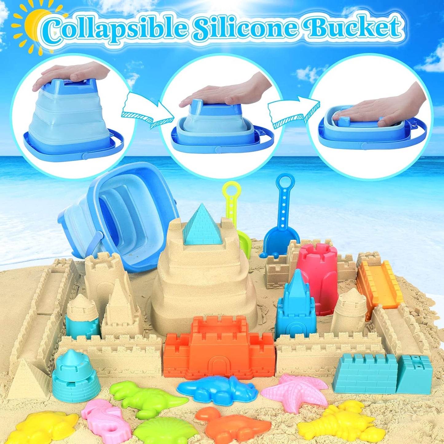 HotCollapsible Beach Toys for Kids Toddlers, Collapsible Sand Bucket and Shovels Set with Mesh Bag,Travel Sand Castle Building Kit, Sandbox Toys, Foldable Beach Essentials for Toddlers Kids Age 3-10 ﻿