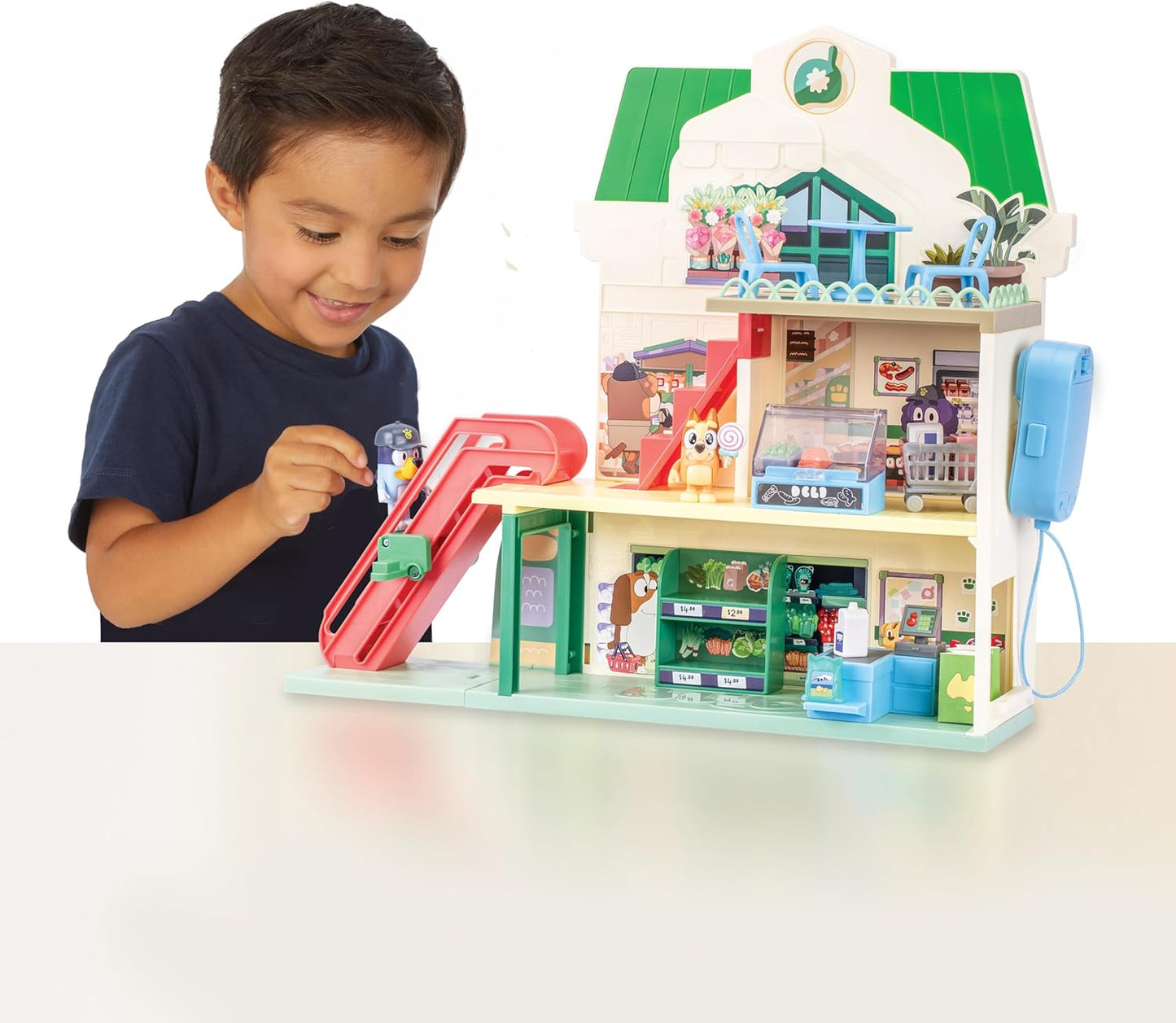 HotBluey and Bingo Supermarket Playset, Escalator & Sounds, 15 Pieces | 3 interactive levels, rooftop café, 24 sound effects, exclusive Bingo & Bluey figures; pretend play for kids ages 3+