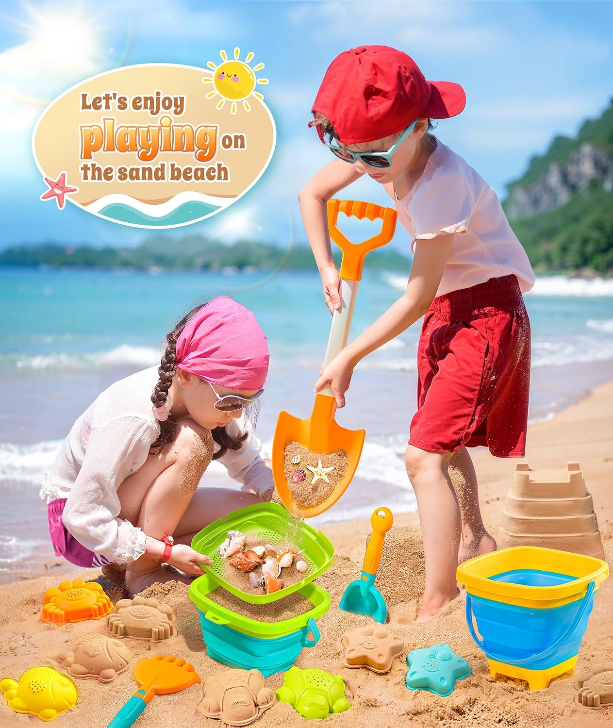 HotDUDUCOFU Collapsible Beach Sand Toys for Kids Toddlers, Collapsible Sand Bucket with Sifter Shovels Set with Mesh Bag and Sand Molds, Travel Beach Sandbox Toys for Boys Girls 3 4 5 6 7 8 9 10