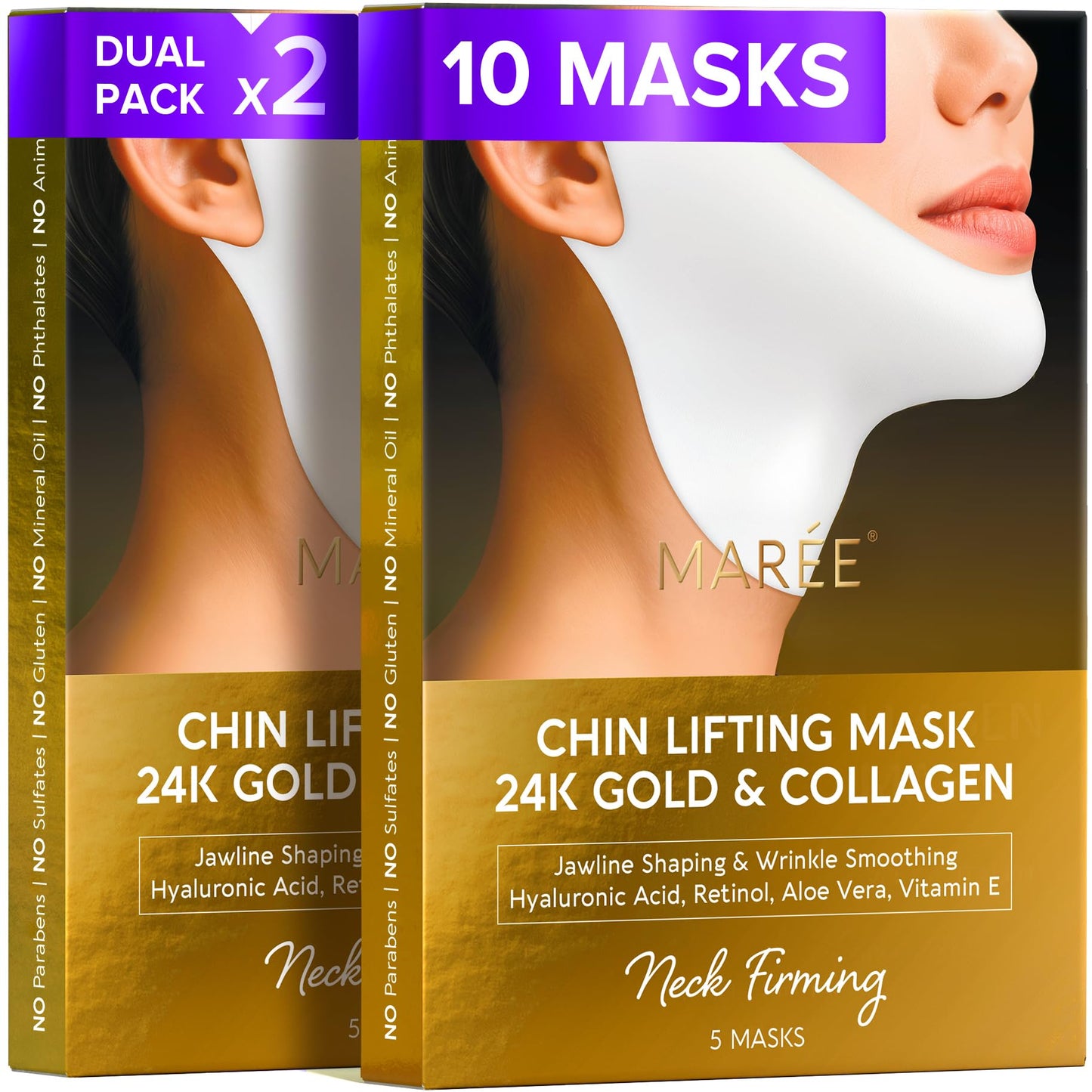 HotMAREE V Line Lifting Mask with 24K Gold – Deep Collagen Face Mask for Women – Jawline Shaper Mask with Retinol & Hyaluronic Acid – Neck Tightening & Firming - Double Chin Strap for Face Lift