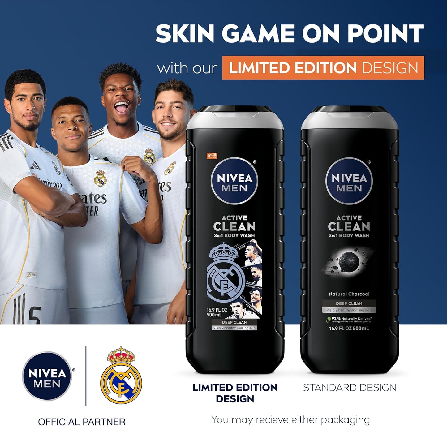 HotNIVEA MEN Real Madrid Limited Edition Design Active Clean Body Wash with Natural Charcoal for Normal to Oily Skin, 3-in-1 Charcoal Body Wash, Face and Hair, 16.9 Fl Oz Bottle, Pack of 3
