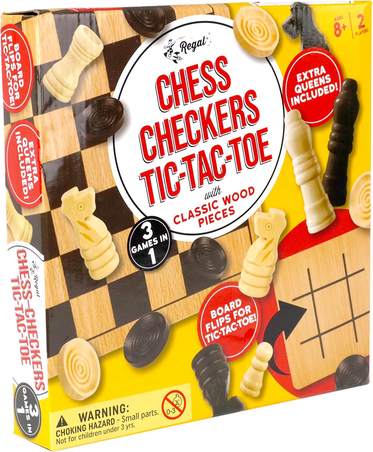 HotRegal Games - Reversible Wooden Board for Chess, Checkers & Tic-Tac-Toe - 24 Interlocking Wooden Checkers and 32 Standard Chess Pieces - for Age 8 to Adult for Family Fun