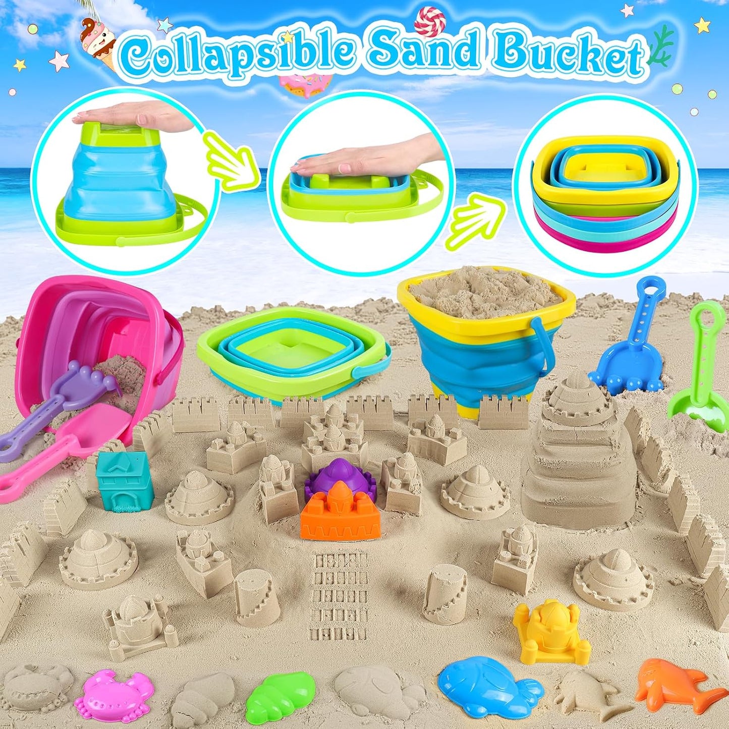 HotCollapsible Beach Toys for Kids Toddlers, 3 Foldable Buckets and Shovels Set, Sand Castle Building Kit, Ice Cream Travel Sand Toys for Sandbox & Mesh Bag, Beach Essentials for Boys Girls Age 3-10