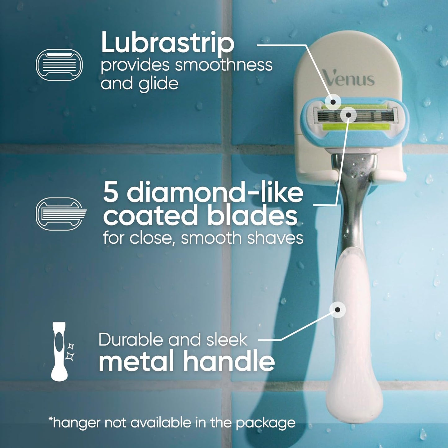 HotGillette Venus Razor for Women, Extra Smooth, Includes 1 Reusable Razor Handle + 4 count 5-Bladed Razor Refills, Women's Razor with Durable Metal Handle and Shower Holder