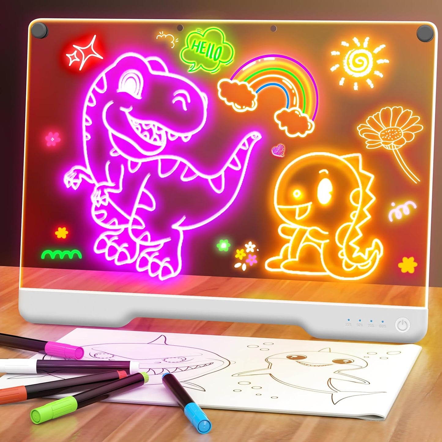 HotGeokay 16" Rechargeable LED Drawing Board, 9-Color Light Modes, Neon Art Dry Erase Light Up Doodle Glow Pad with Built-in Stand, Sketching Gift Toy for Kids/Girls/Teens, 7 Markers & Tracing Book
