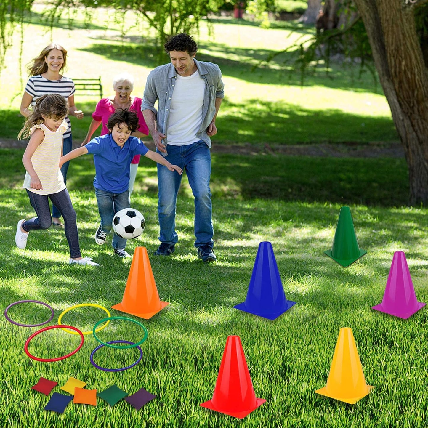 Hot unanscre 31PCS 3 in 1 Carnival Outdoor Games Combo Set for Kids, Soft Plastic Cones Bean Bags Ring Toss Game, Gift for Birthday Party/Xmas