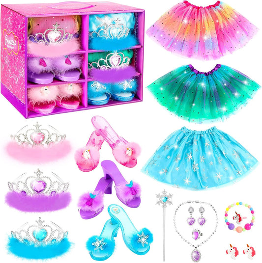 HotPrincess Dress Up Shoes Set, Girls Dress Up Toys Toddler Jewelry Boutique Kit, 3 Themes of Unicorn Mermaid Ice Princess Costumes Set, Pretend Play Gifts for Little Girls Aged 3-6 Years Old