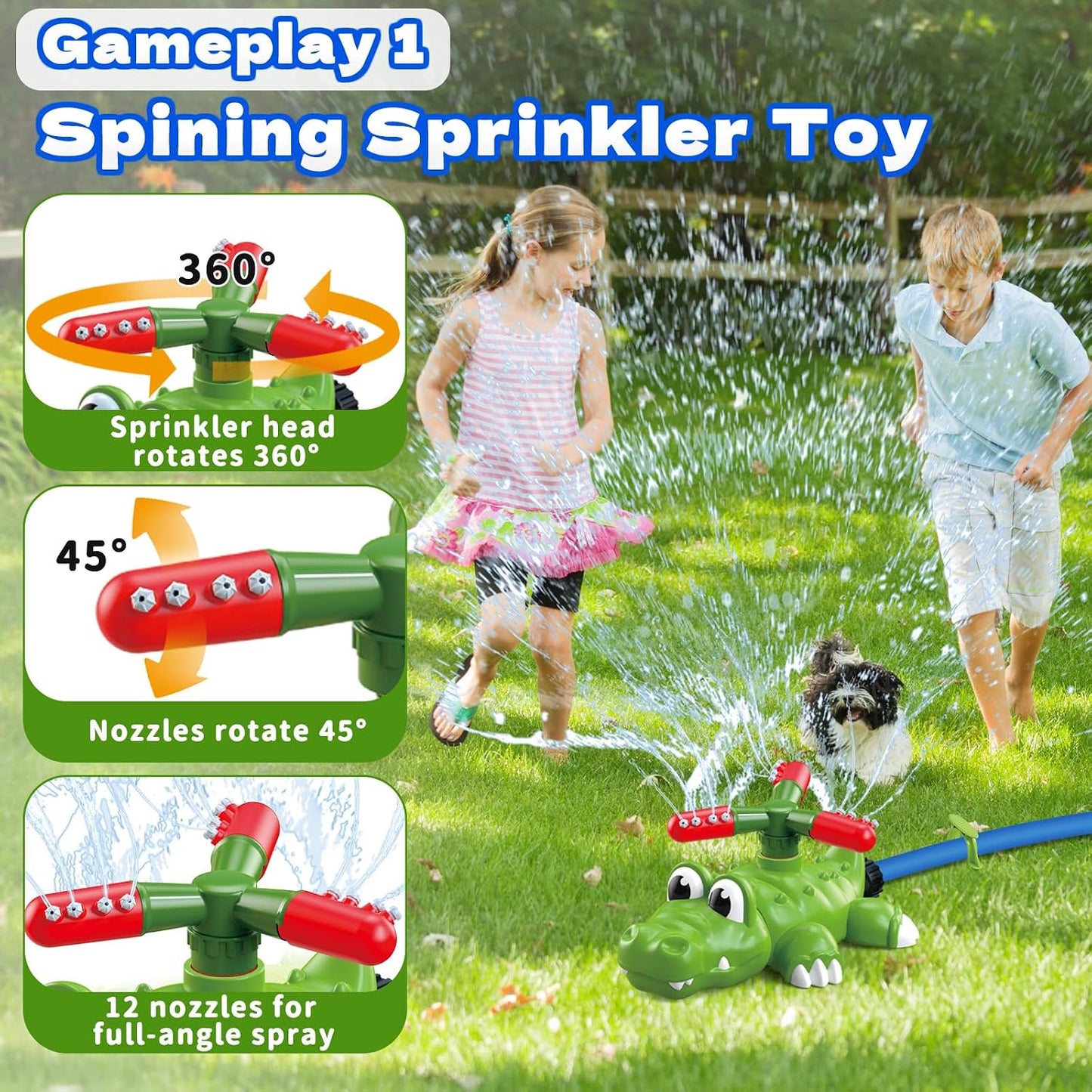 HotIntoypad 4-in-1 Kids Water Sprinklers T Ball Set & Water Ball Toy, Crocodile Baseball Sprinkler for Backyard Outdoor Summer Toys for Boys Girls Outside Yard Water Game Toys for Kids Toddlers Ages 3-8