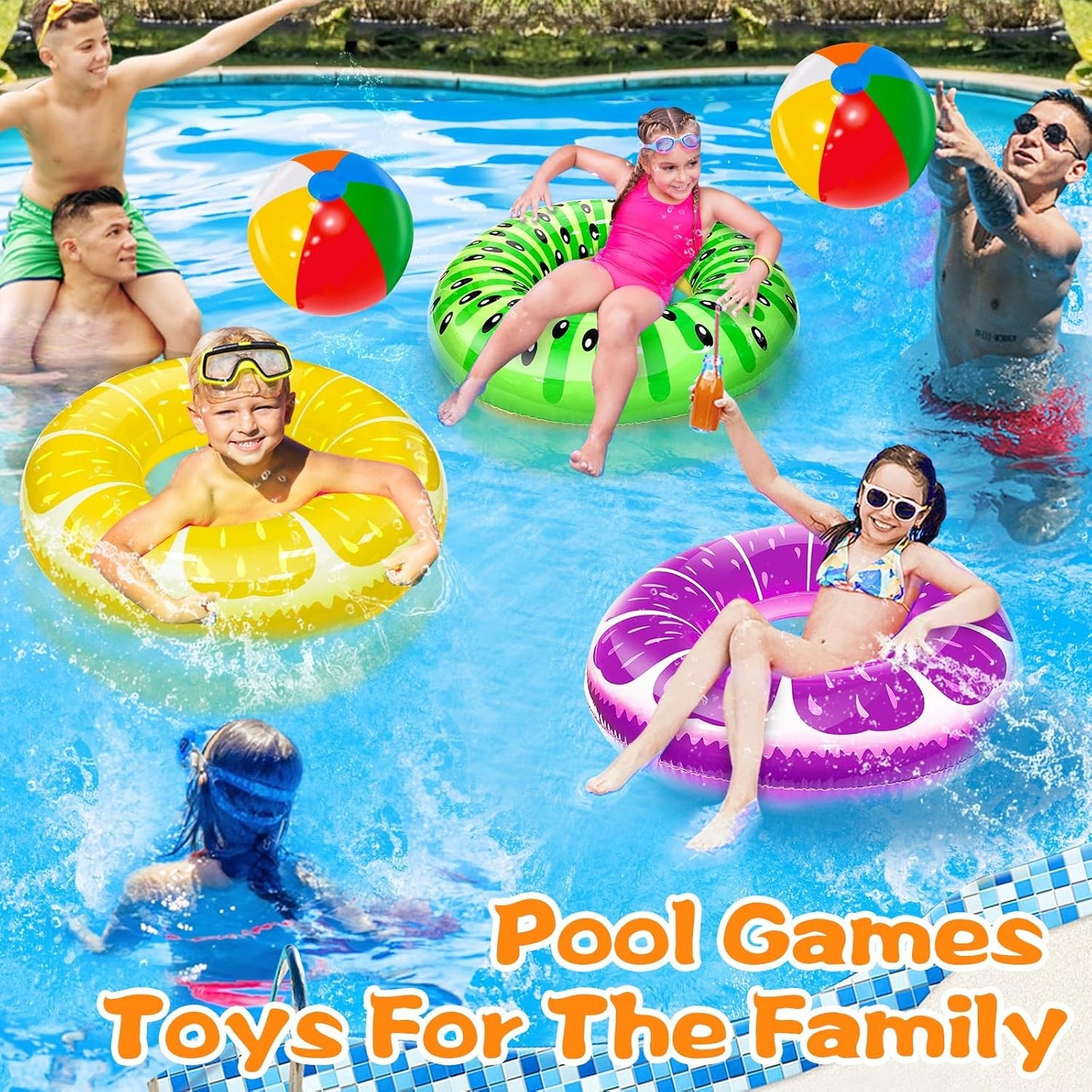 Hot 6 Pack Inflatable Pool Floats, 3 Pcs Inflatable Fruits Swim Tubes Rings & 3 Pcs Rainbow Beach Ball, Summer Pool Floaties for Kids Teens Adults Swimming Float Toy Hawaiian Party Beach Water Fun Game