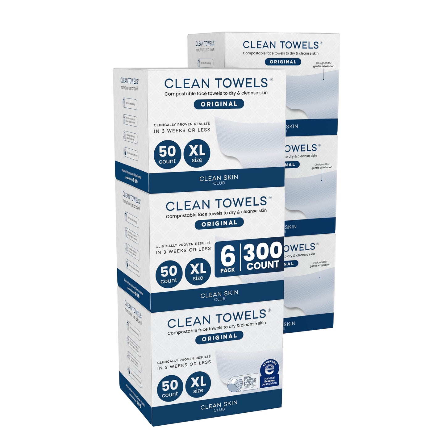 HotClean Skin Club Clean Towels XL®, 100% USDA Biobased Face Towel, Disposable Face Towelette, Eczema Association Accepted, Makeup Remover Dry Wipes, Ultra Soft, 50 ct per pack, 2 Packs, 100 Ct Total