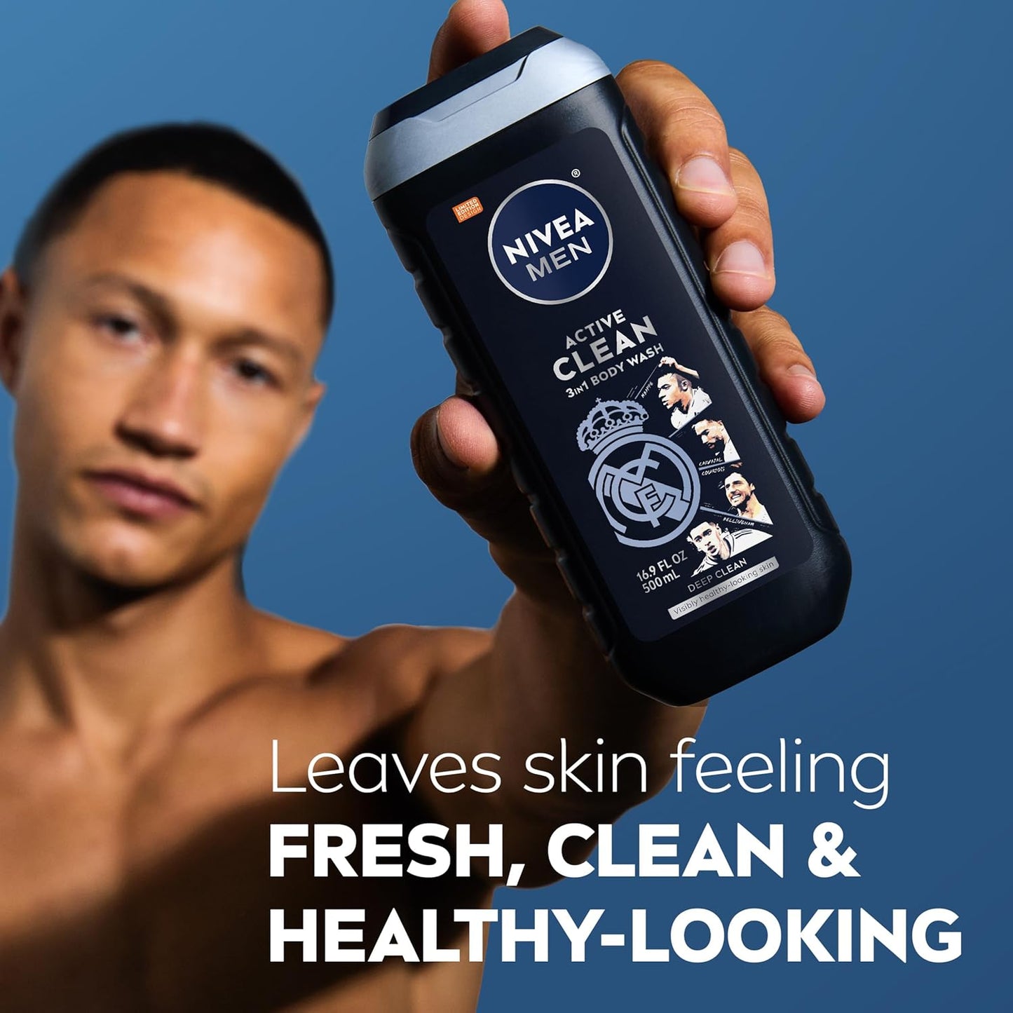 HotNIVEA MEN Real Madrid Limited Edition Design Active Clean Body Wash with Natural Charcoal for Normal to Oily Skin, 3-in-1 Charcoal Body Wash, Face and Hair, 16.9 Fl Oz Bottle, Pack of 3