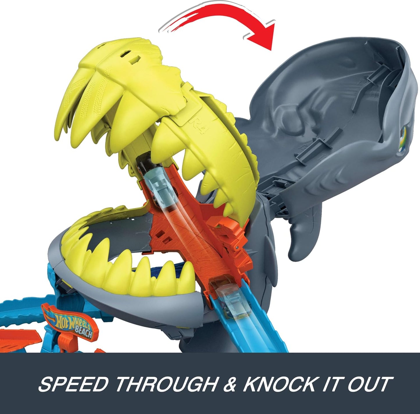 HotHot Wheels City Shark Chomp Beach Playset & 1:64 Scale Toy Car | 1:64 Scale Die-Cast Vehicle & Track Set, 2 Ways to Play, Knock Out the Shark or Get Eaten