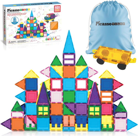 HotPicassoTiles 101 Piece Magnetic Tiles Building Set with Car & Bag Ages 3+ | BPA-free plastic, smooth-edge design, doors/windows, specialty shapes, spatial reasoning, hand-eye coordination, pretend play