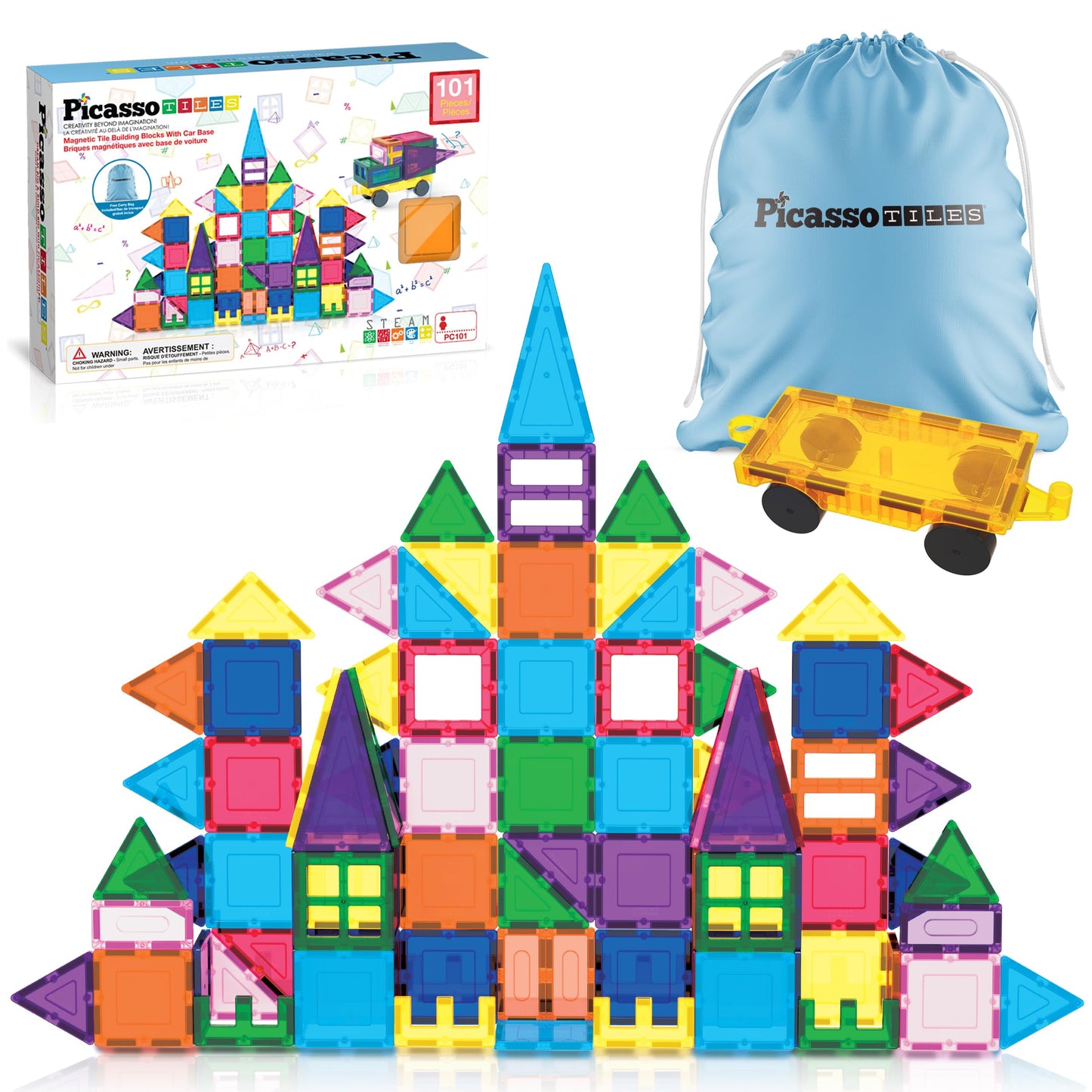 HotPicassoTiles 101 Piece Magnetic Tiles Building Set with Car & Bag Ages 3+ | BPA-free plastic, smooth-edge design, doors/windows, specialty shapes, spatial reasoning, hand-eye coordination, pretend play