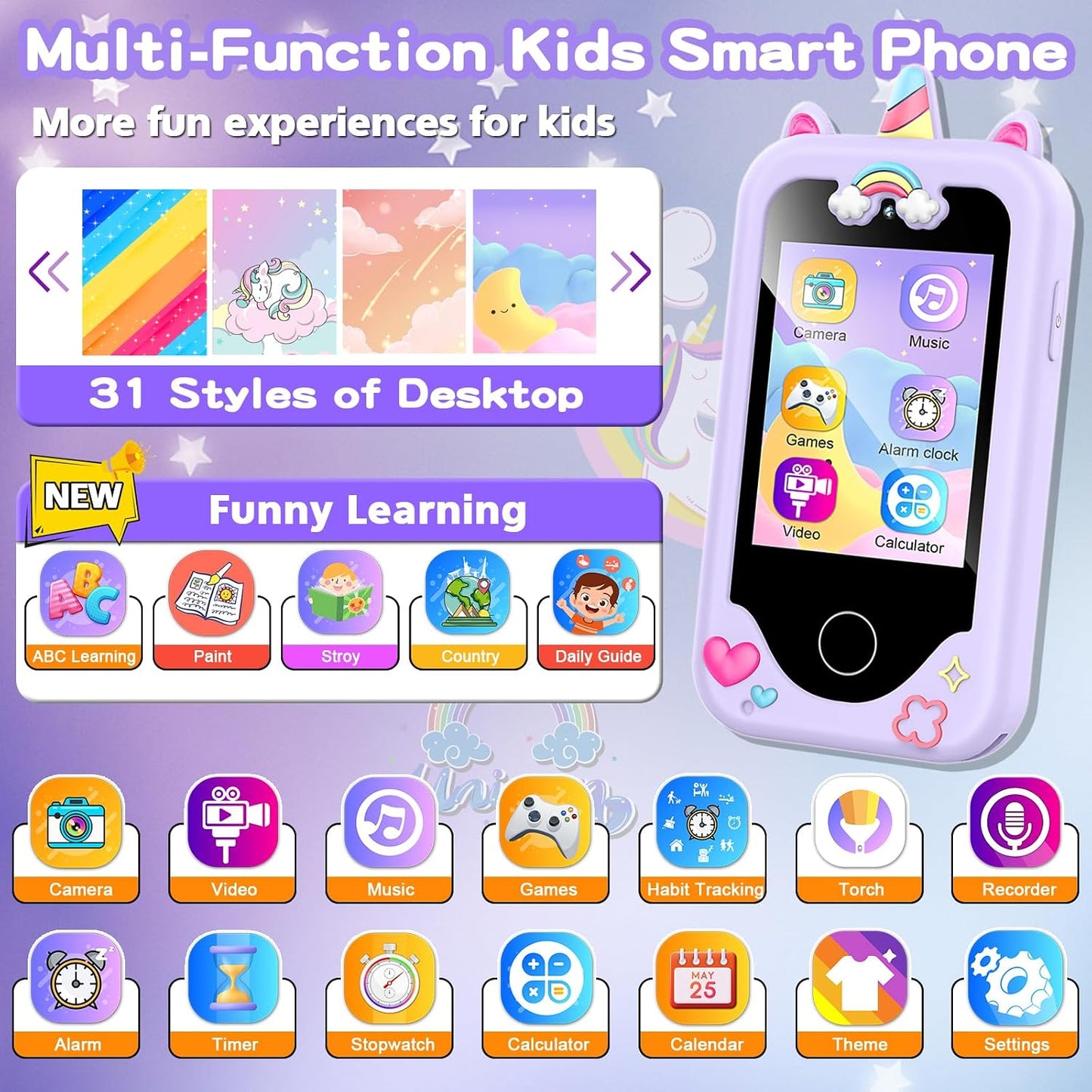 Hot Kids Smart Phone for Girls, Christmas Birthday Gifts for Girls Age 3-10 Kids Toys Cell Phone, 2.8" Touchscreen Toddler Learning Play Toy Phone with Dual Camera, Game, Music Player, 8GB Card Purple