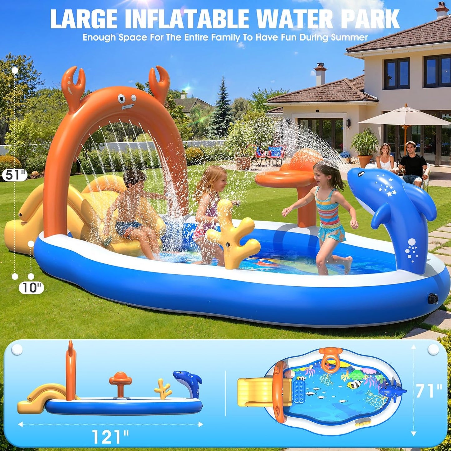 Hot StarOcean 2026 Large Inflatable Play Center,Kiddie Pool with Water Slide&Sprinkler,121''x71"x51''Inflatable Toddler Pool with Slide,BlowUp Water Play for Toldder,Inflatable Water Park for Kid Backyard