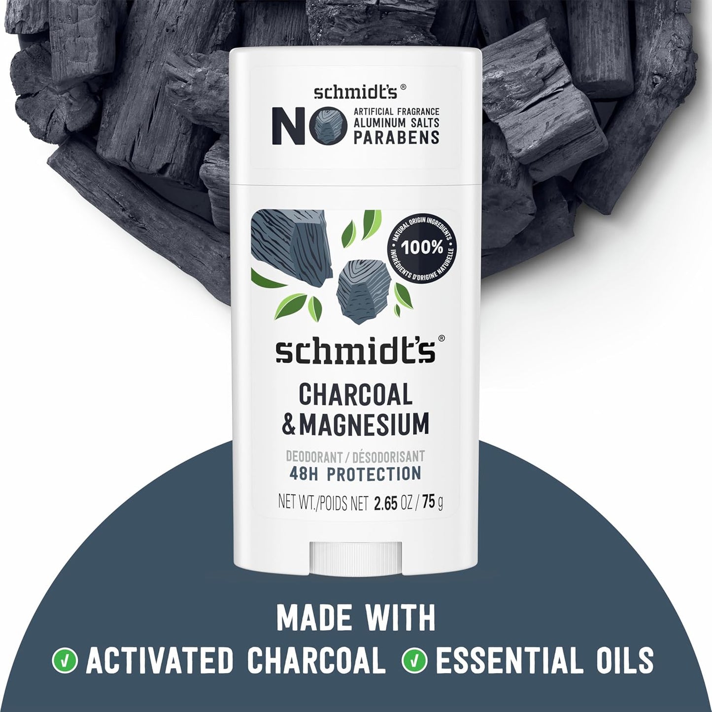 HotSchmidt's Aluminum-Free Vegan Deodorant Charcoal & Magnesium with 24 Hour Odor Protection, for Women and Men, Natural Ingredients, Cruelty-Free, 2.65 oz