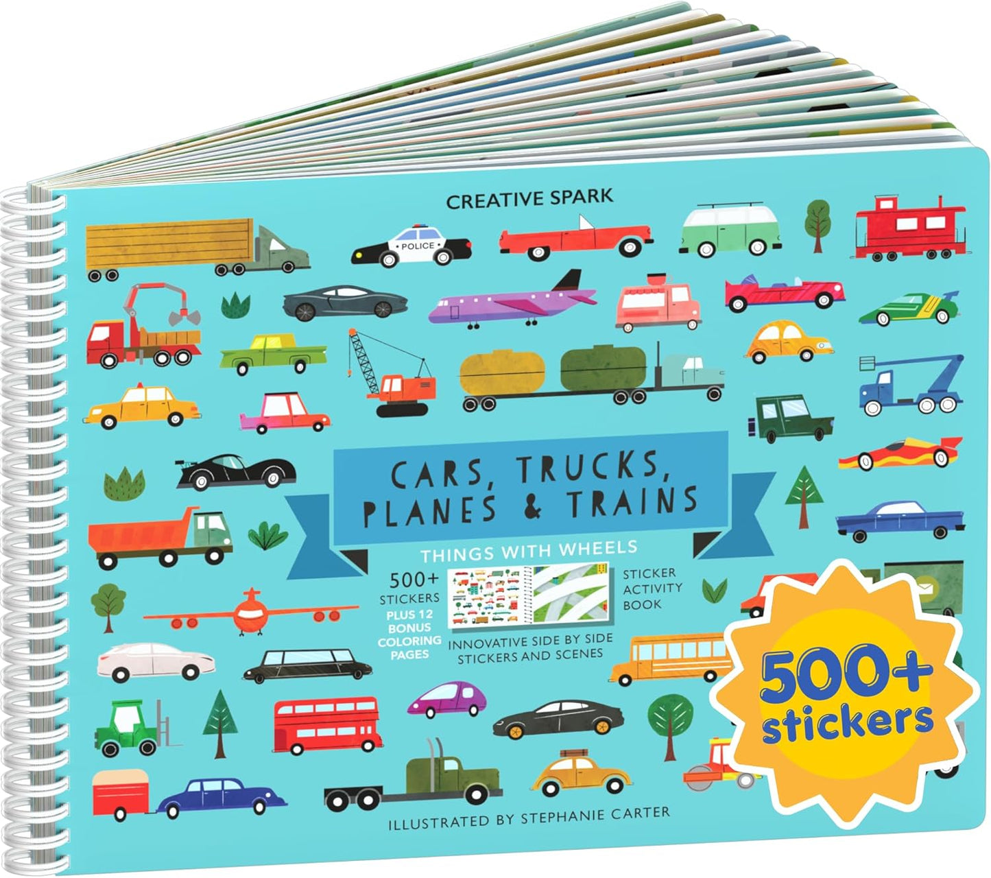HotCars, Trucks, Planes & Trains 500+ Kids Sticker Book by Cupkin Fun Toddler Travel Activity Coloring and Sticker Book, Road Trip Essentials, 12 Coloring Pages + Scenes for Ages 2–8 Years