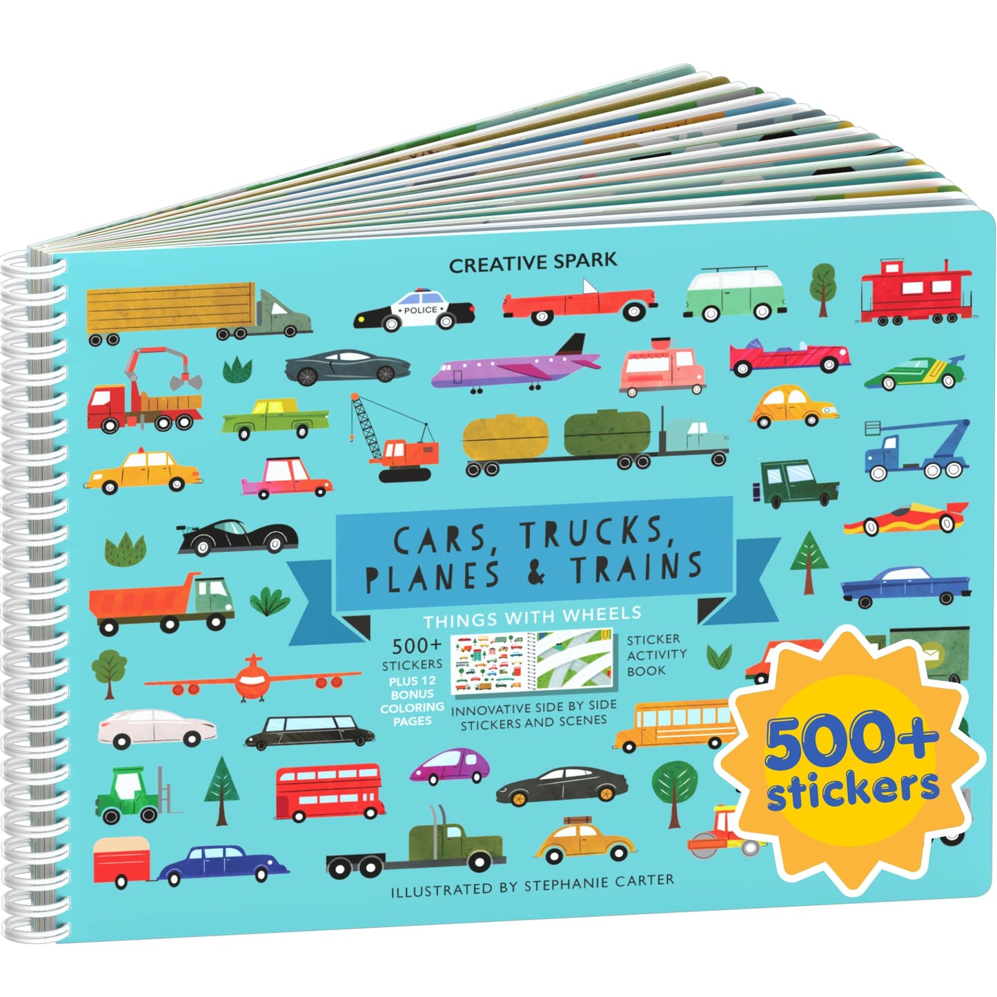 HotCars, Trucks, Planes & Trains 500+ Kids Sticker Book by Cupkin Fun Toddler Travel Activity Coloring and Sticker Book, Road Trip Essentials, 12 Coloring Pages + Scenes for Ages 2–8 Years