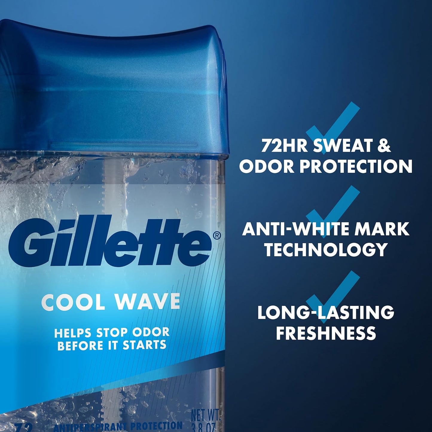 HotGillette Antiperspirant and Deodorant for Men, 72hr Clinical Strength Sweat & Odor Protection, Long Lasting Freshness, Anti-White Mark Technology, Clear Gel, Cool Wave Scent, 3.8 oz (Pack of 4)