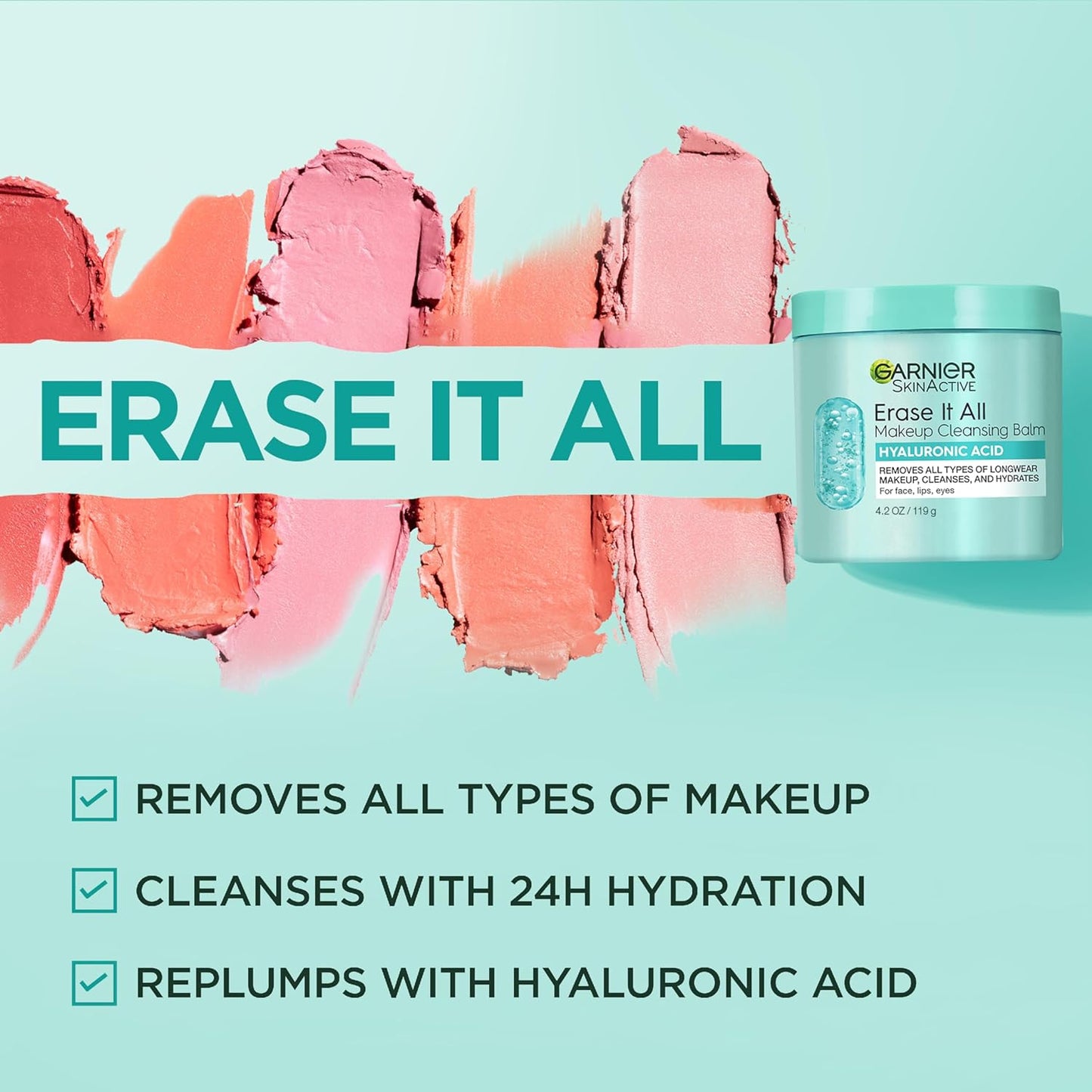 HotGarnier Erase It All Makeup Cleansing Balm with Hyaluronic Acid, Replumping Facial Cleanser and Makeup Remover, 4.2 Oz