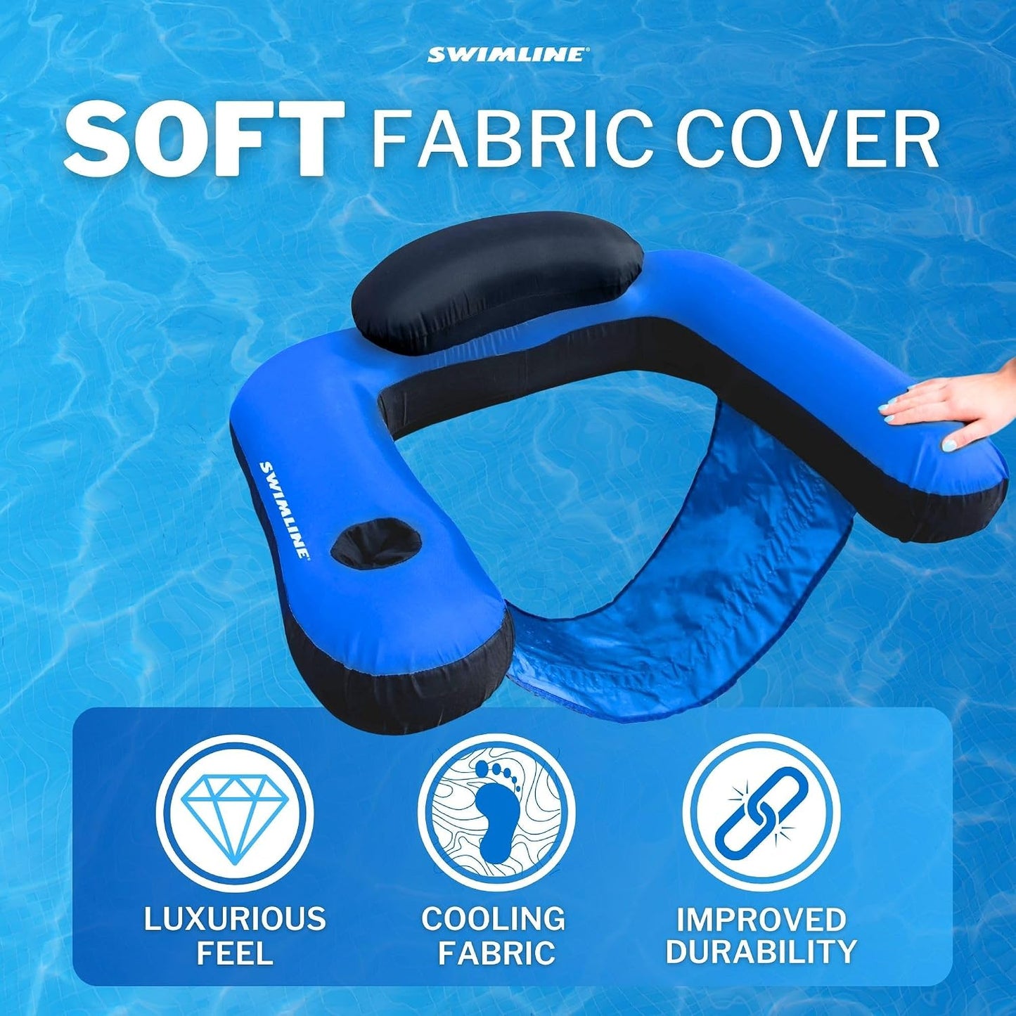 HotSWIMLINE Original Fabric Covered Inflatable Pool Lounger | with Comfortable Sling Seat, Back Rest, and Built in Cup Holder | for Pool, Beach, Lake, and More